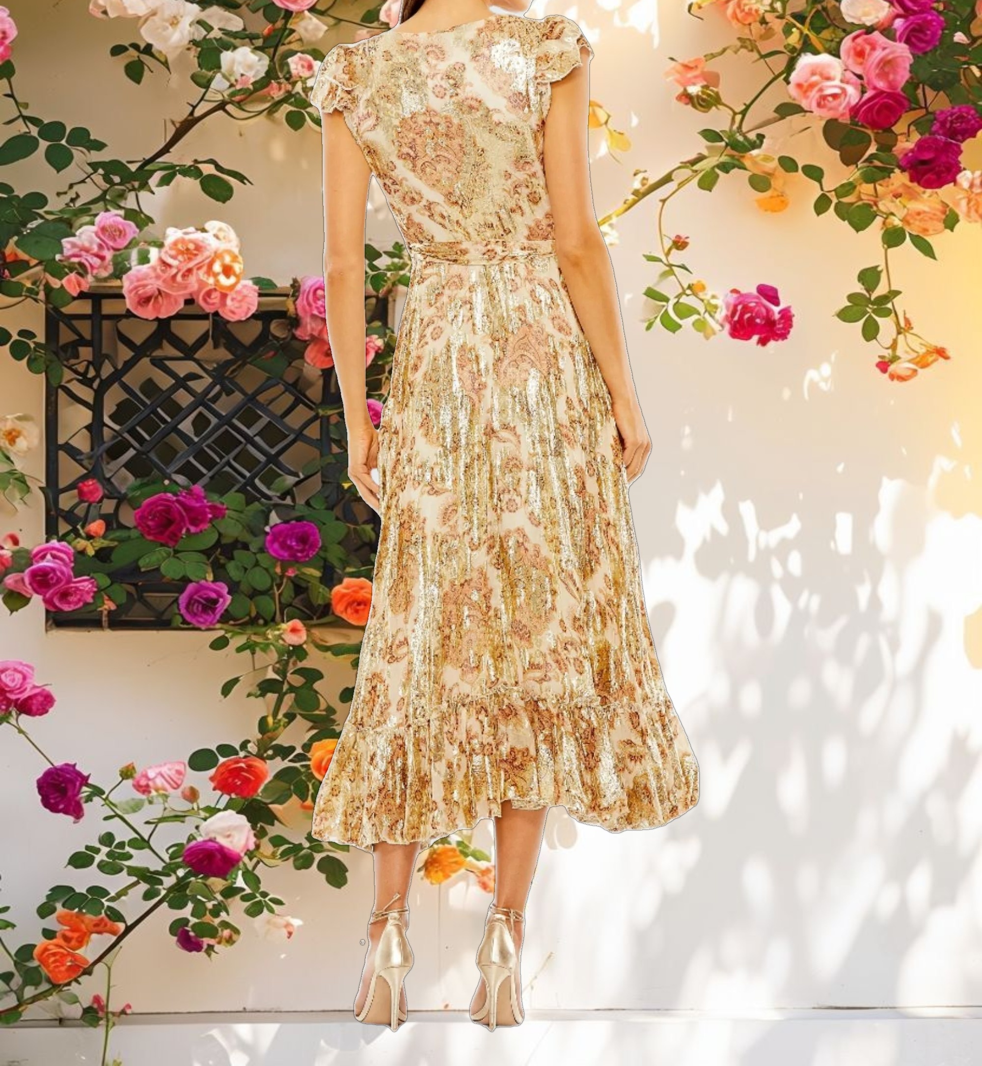 Beige Flutter Sleeve Floral Dress with Wrap Detail