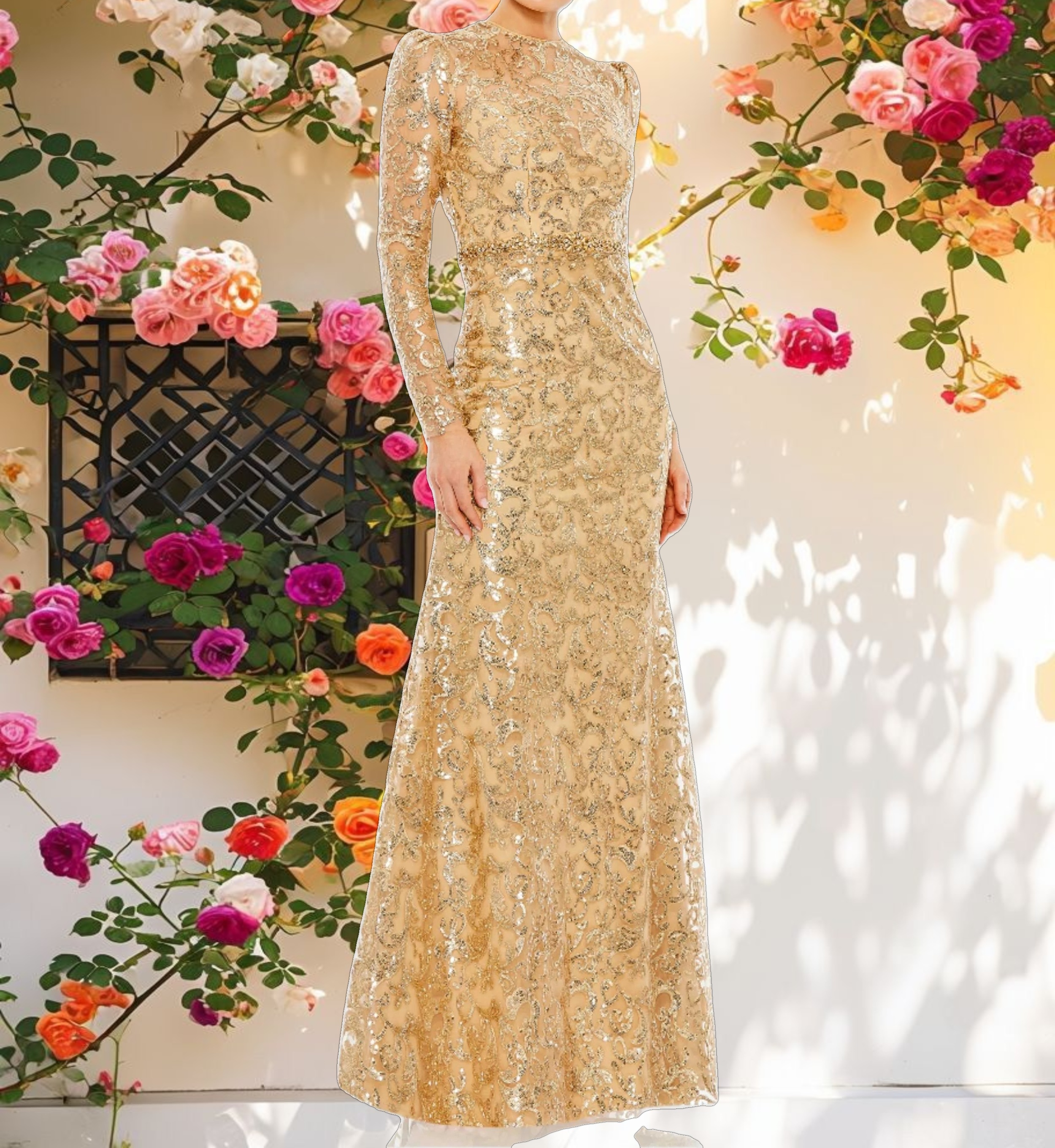 Gold Embellished High Neck Long Sleeve Gown