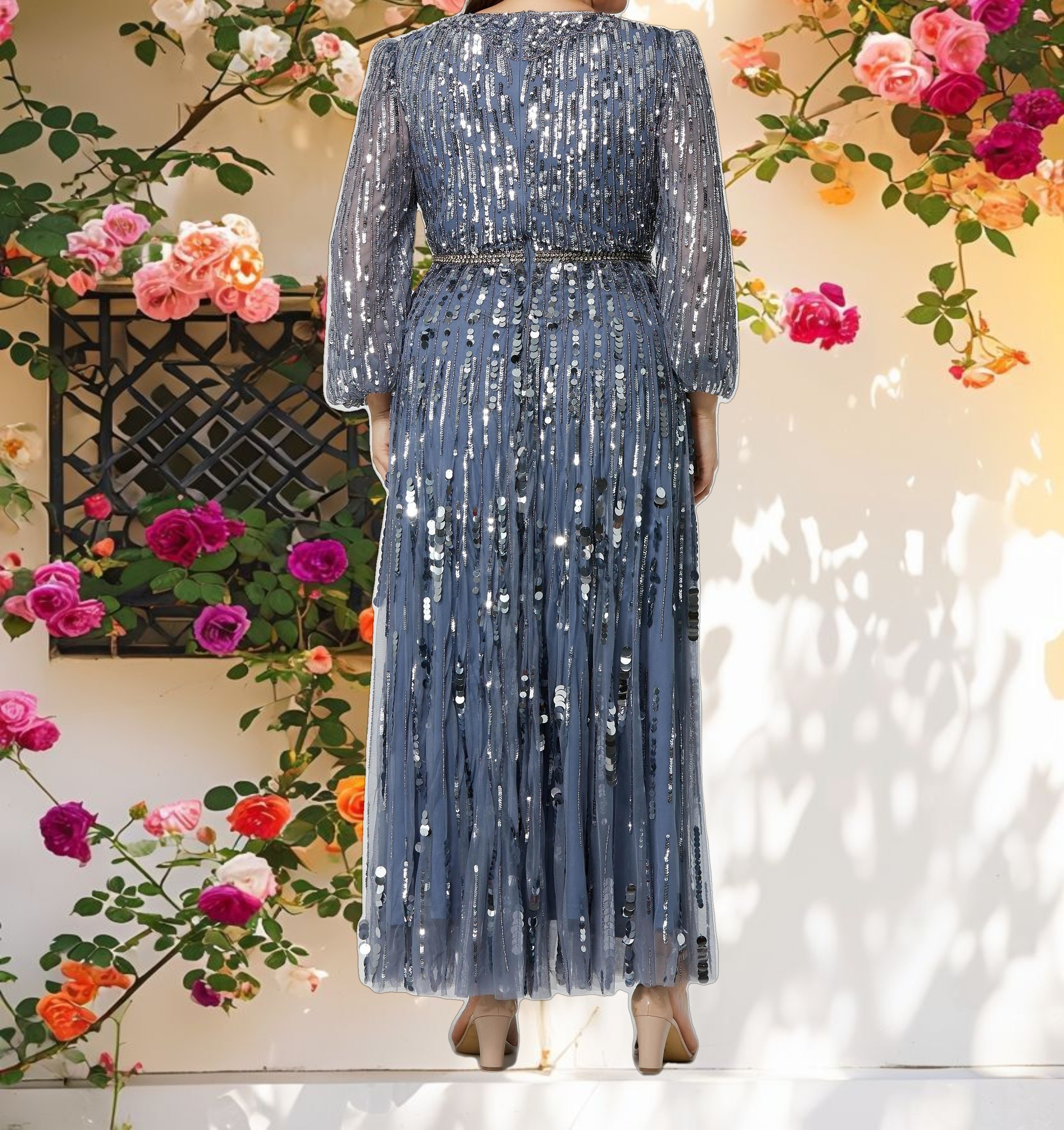 Silver Long Sleeve Beaded Crystal V Neck Gown