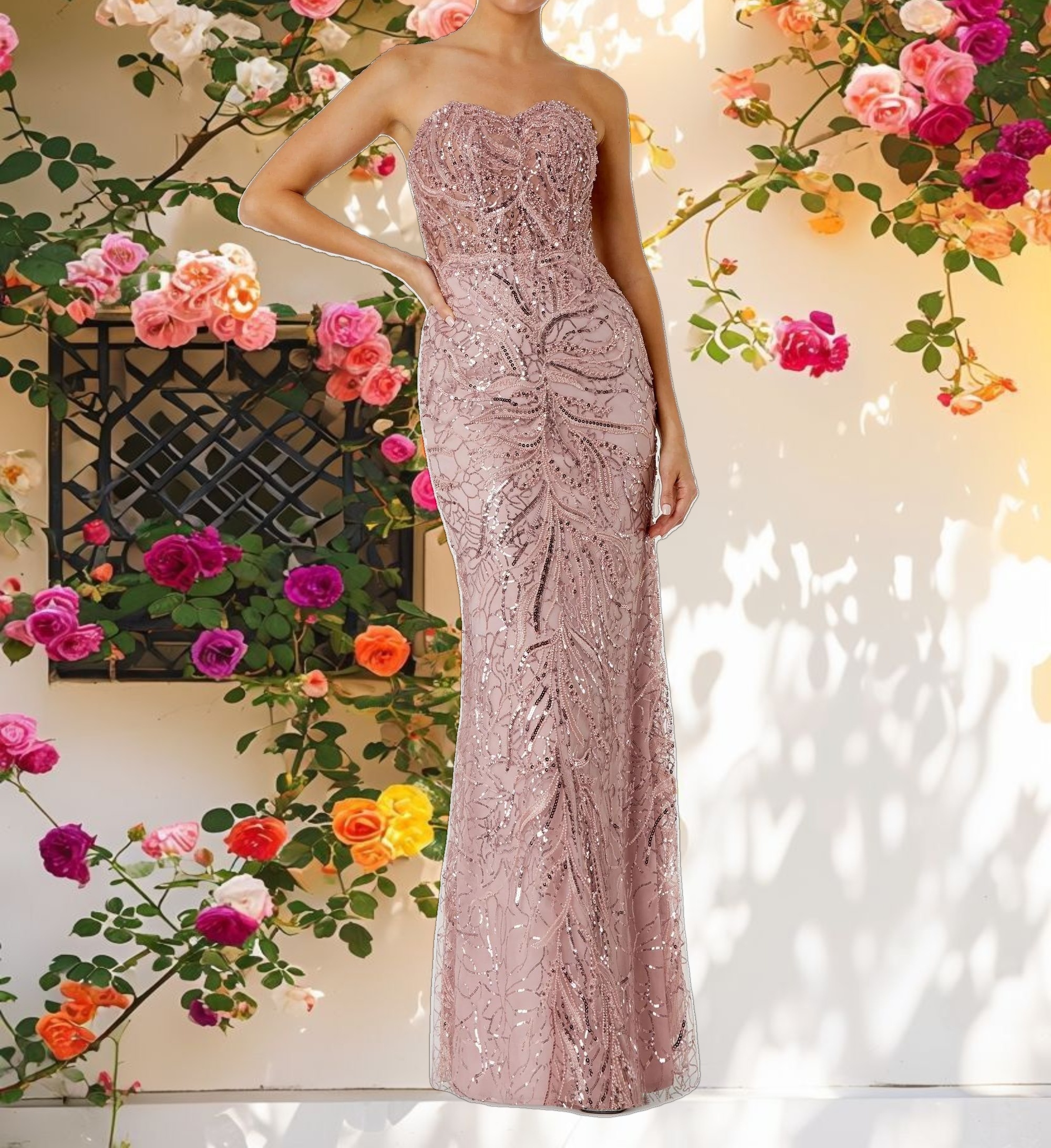 Pink Strapless Embellished Trumpet Gown