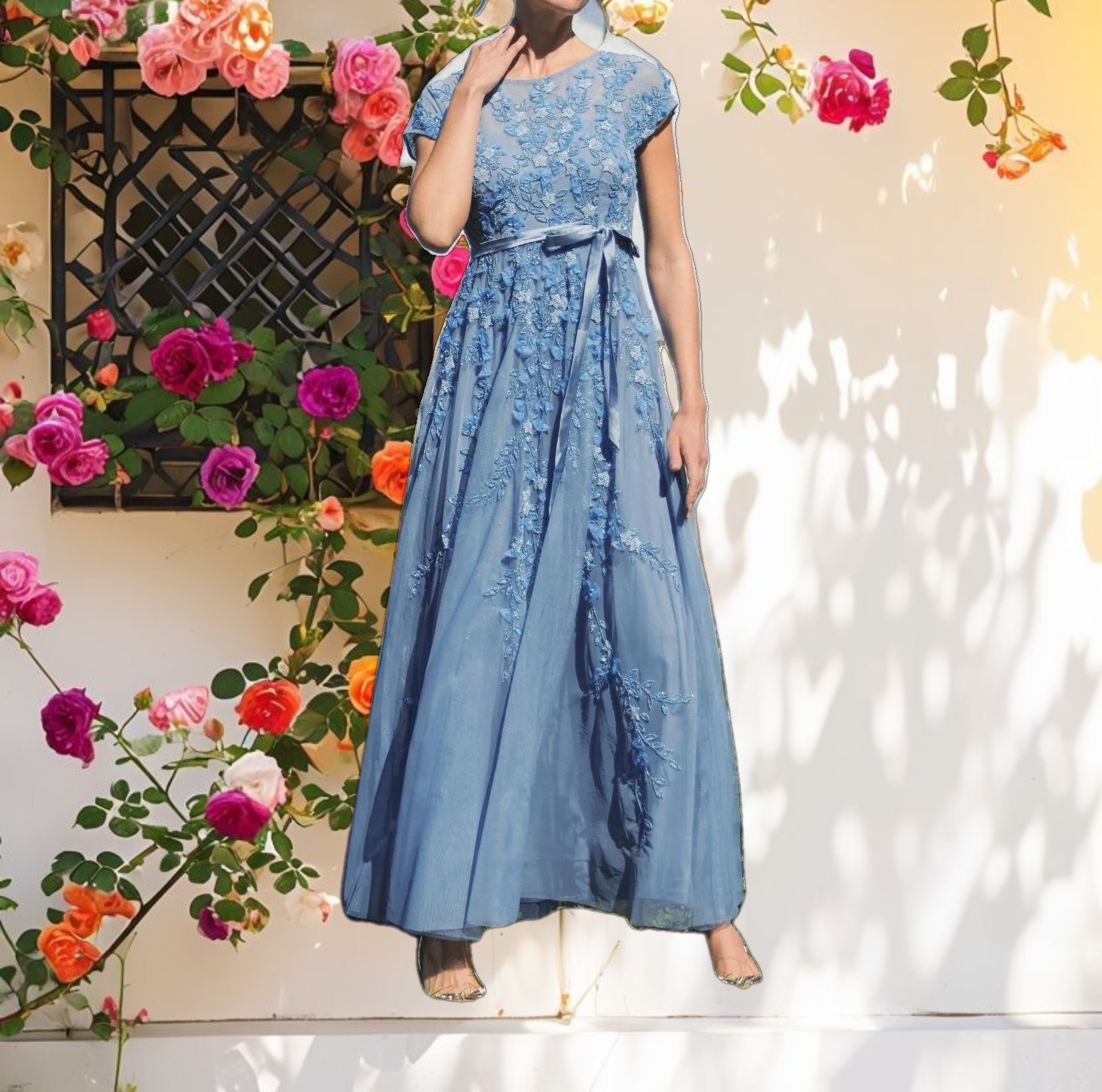 Blue Floral Embellished Short Sleeve Mesh Gown