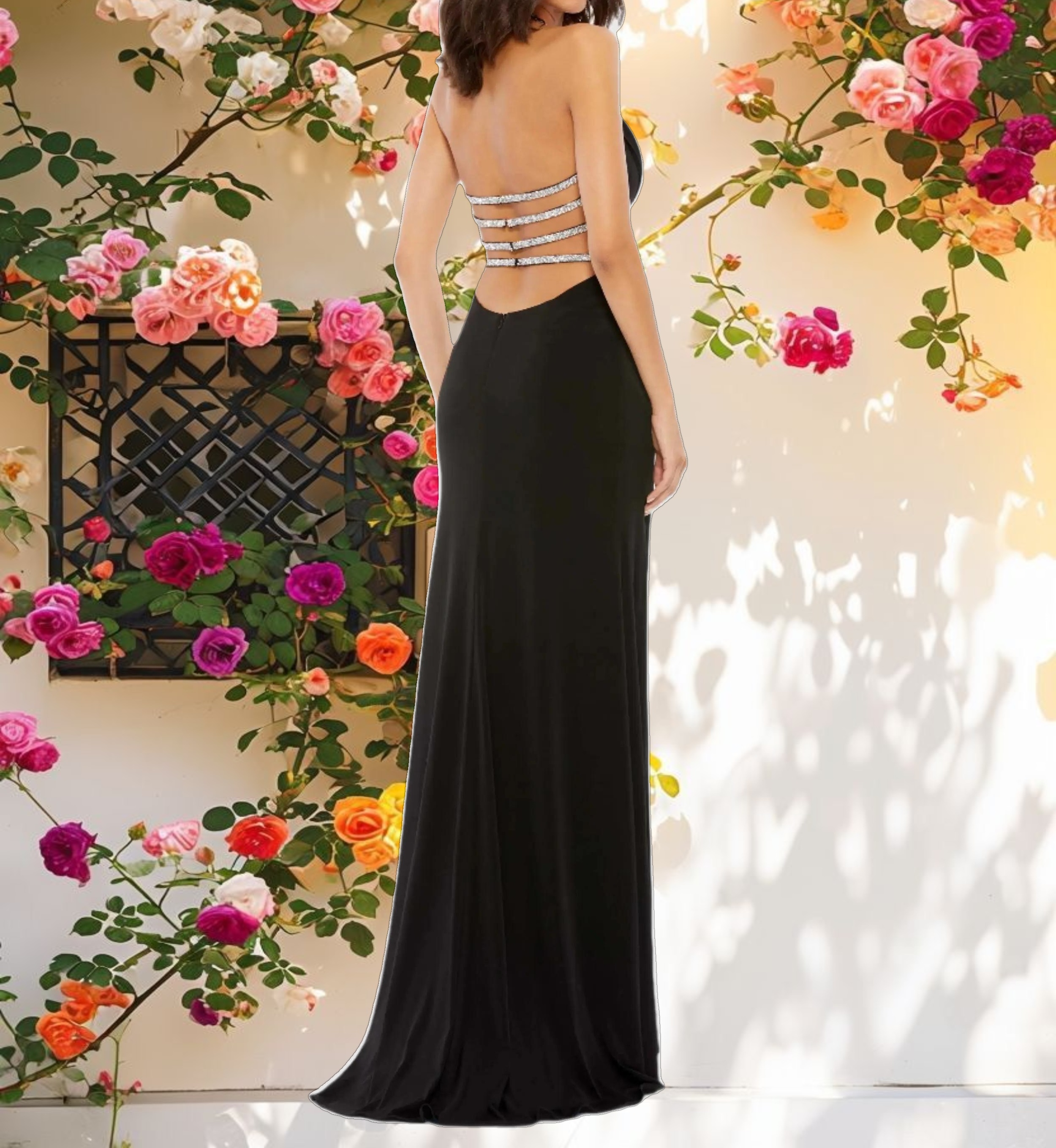 Black Cowl Neck Halter Strap Low Back Gown