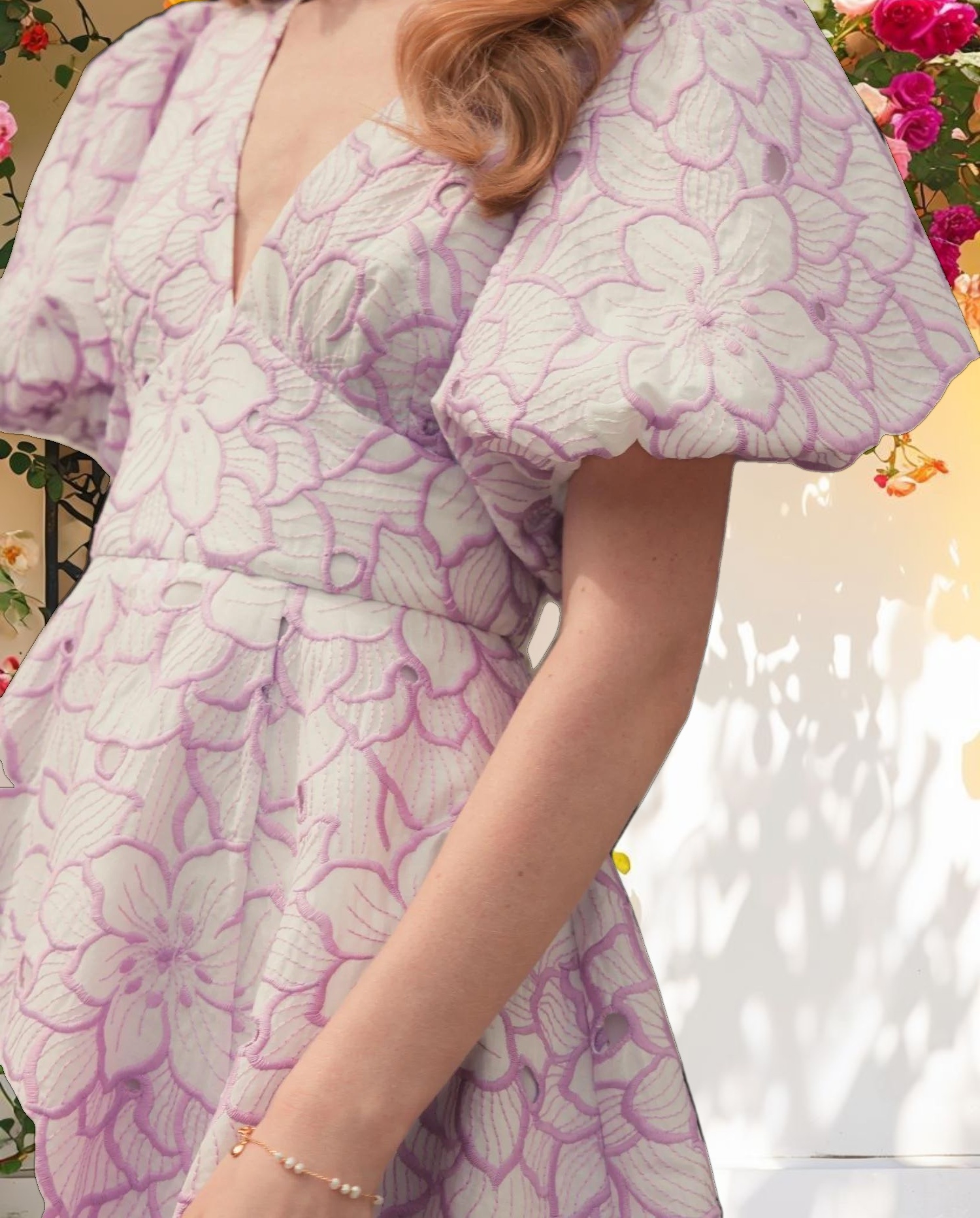 Multicolor Embroidered Floral Puff Sleeve Midi Dress