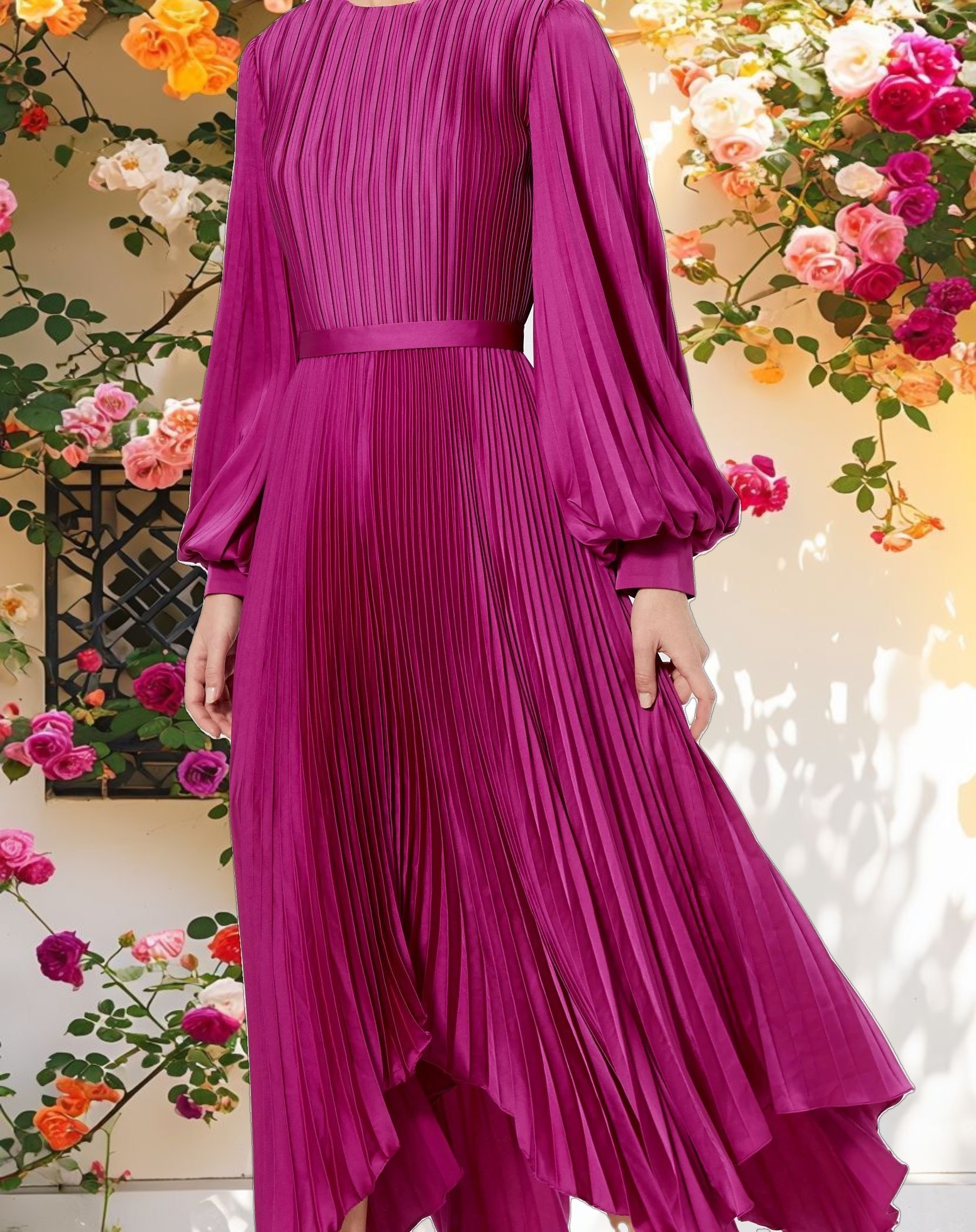 Purple Long Sleeve Pleated Handkerchief Dress