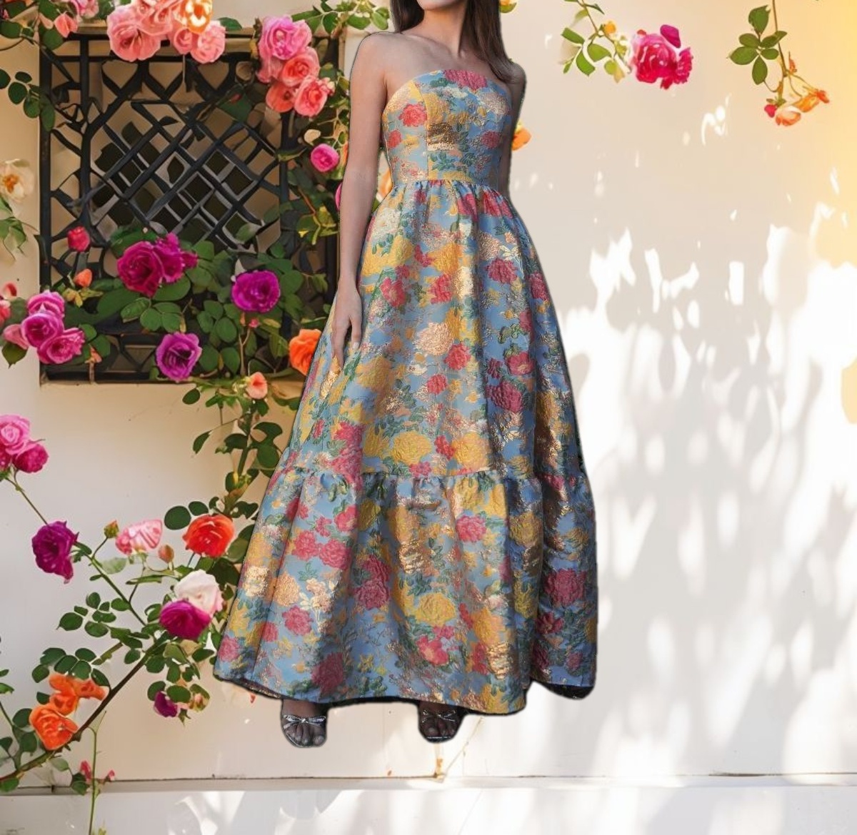 Multi-color Strapless Floral Dress With Ruffle Hem