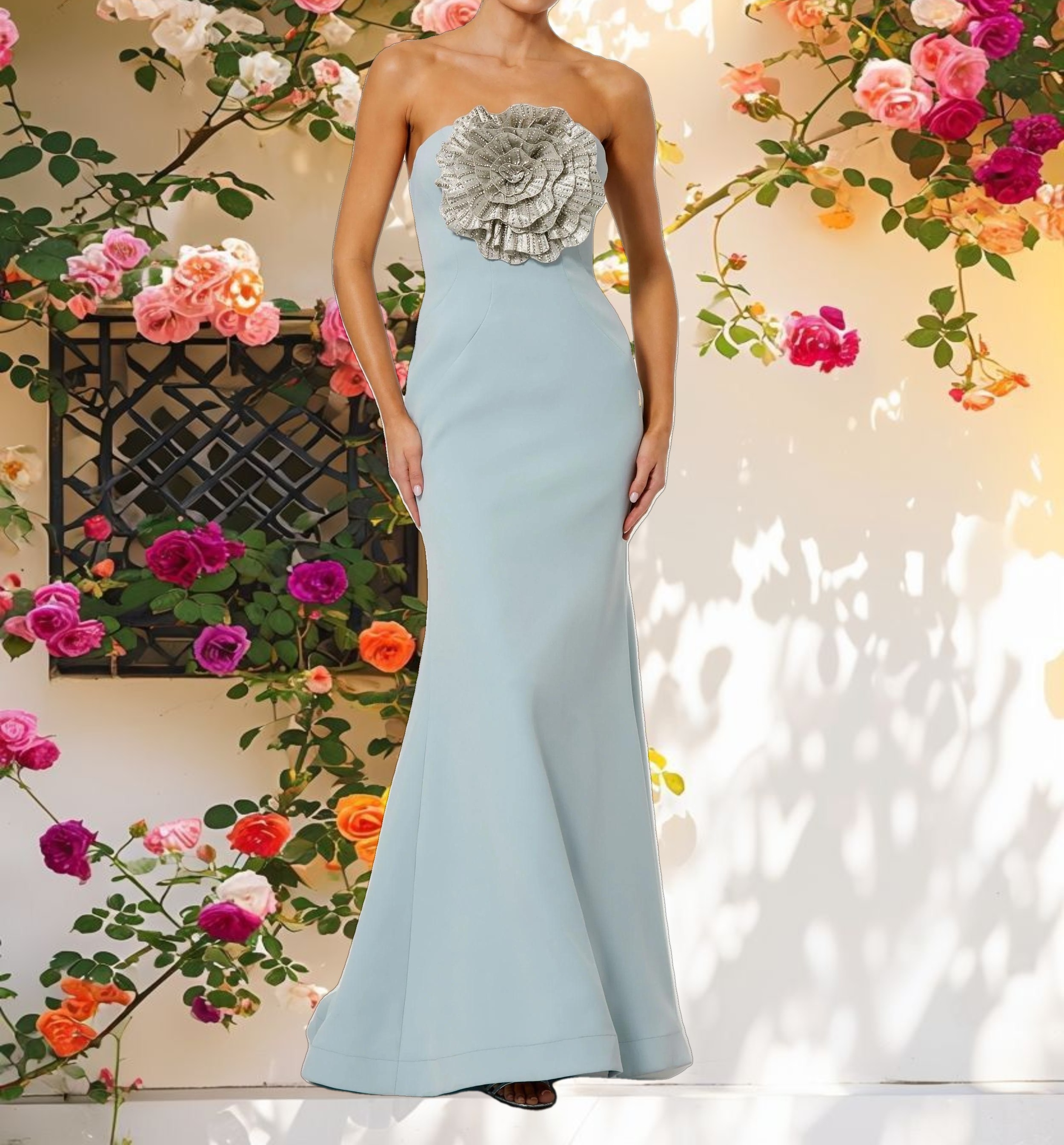 Blue Crepe Strapless Gown With 3D Rhinestone Flower