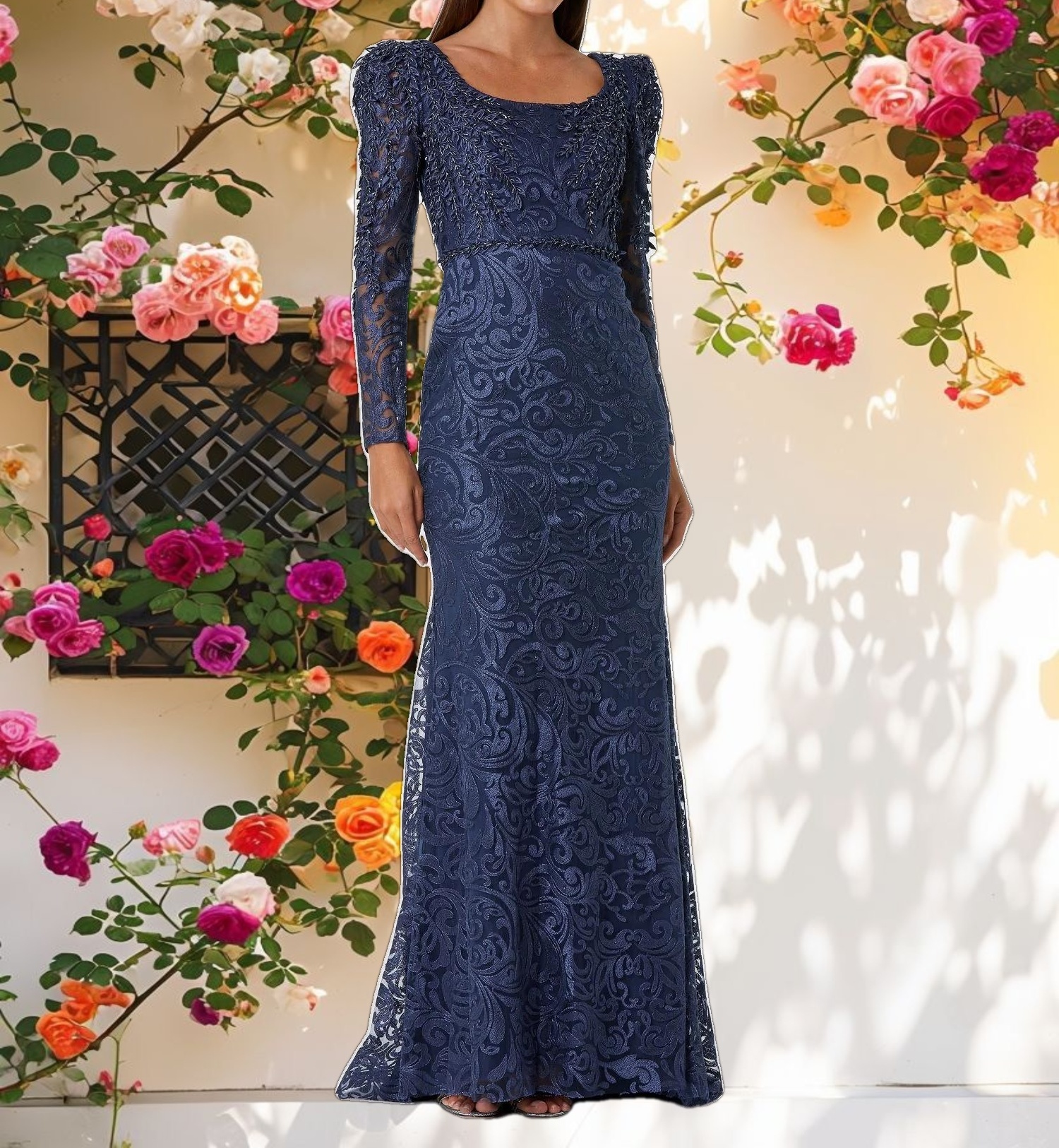 Blue Embroidered Lace Applique Shoulder Detail Trumpet Gown