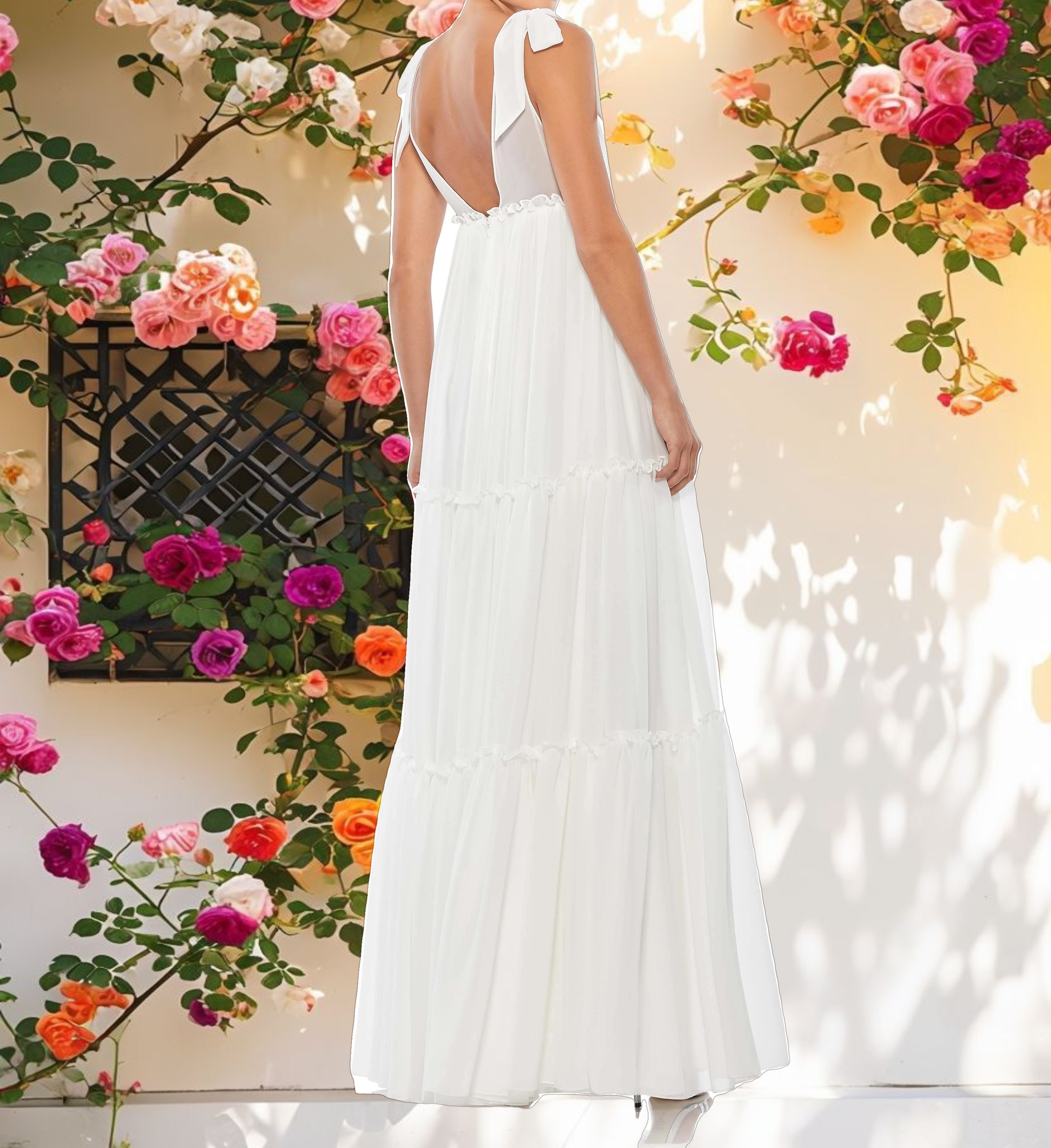 White Tiered V Neck Plunging Maxi Dress