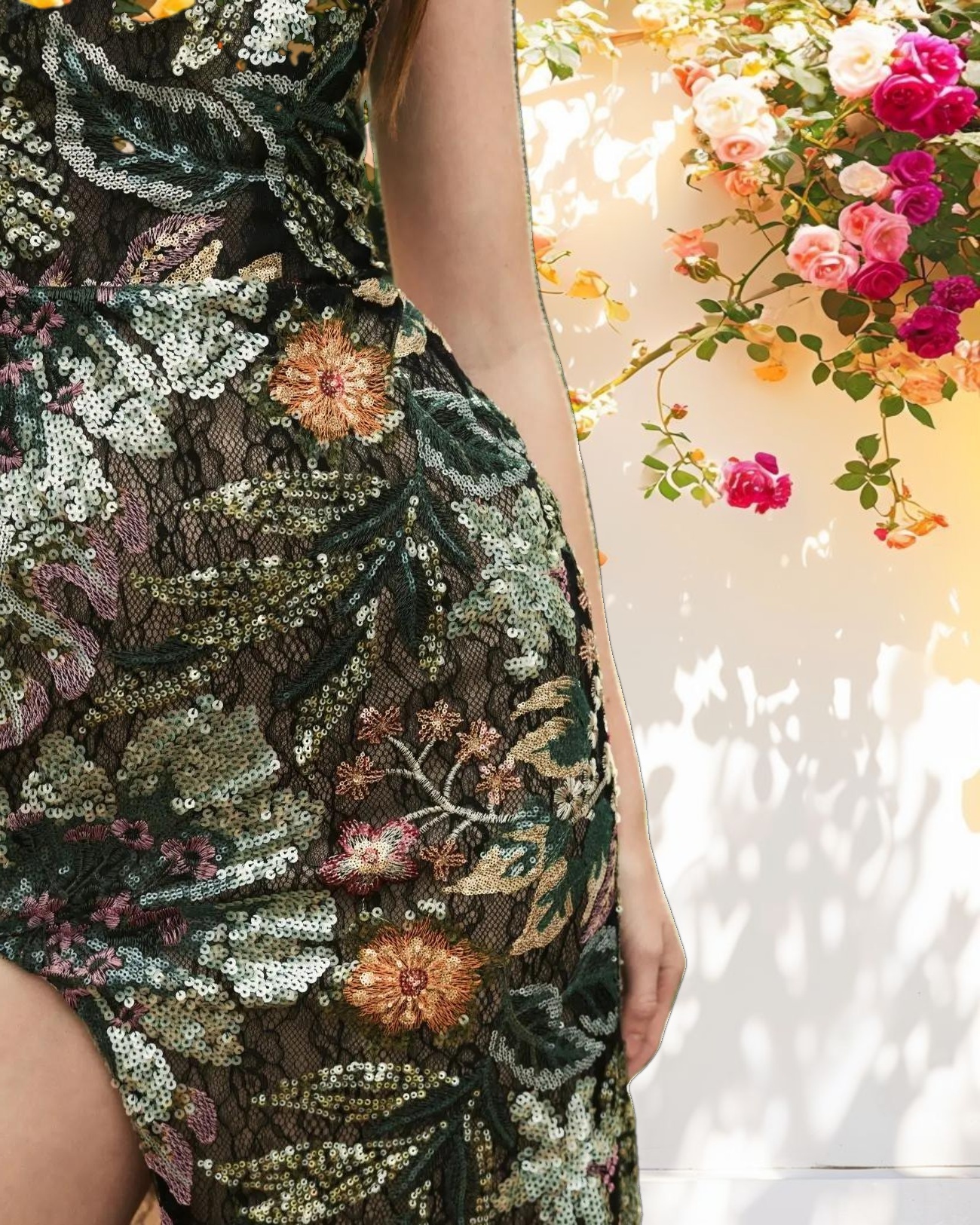 Floral Sequined Embroidered One Shoulder Trumpet Gown