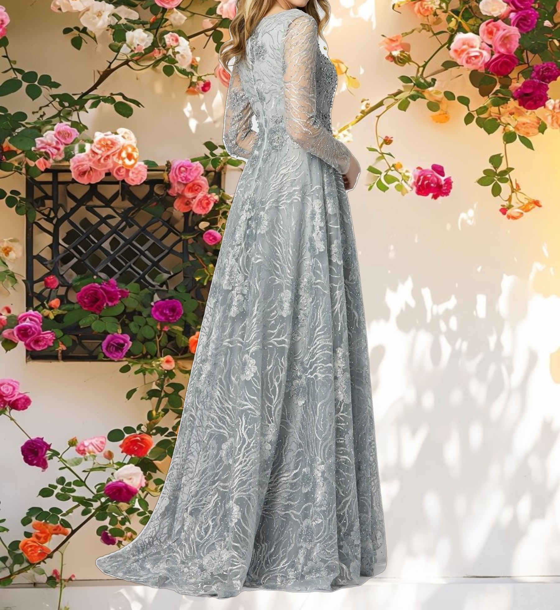 Gray Jewel Encrusted Long Sleeve Square Neck Gown