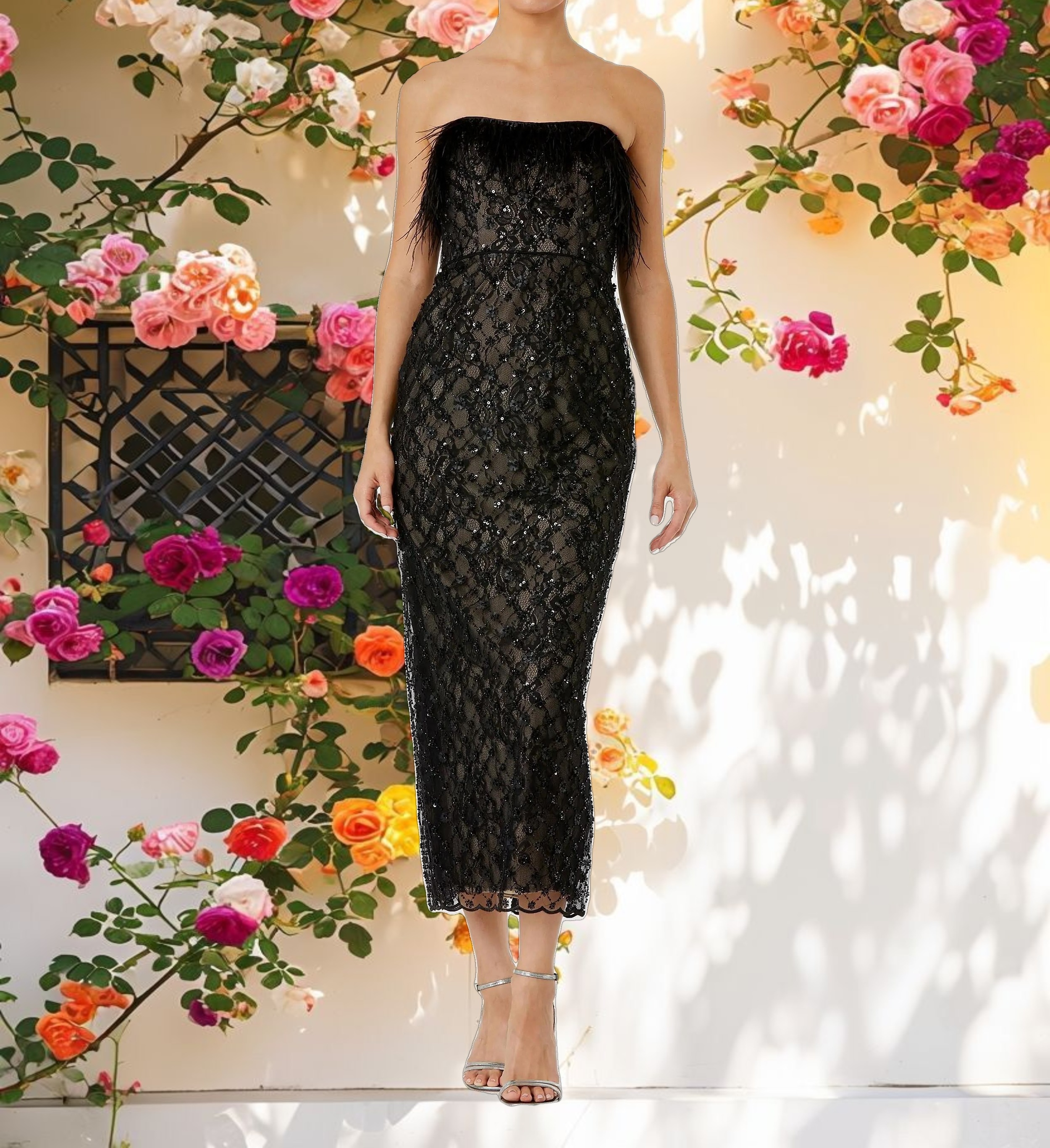 Stitched Feather Trimless Column Dress