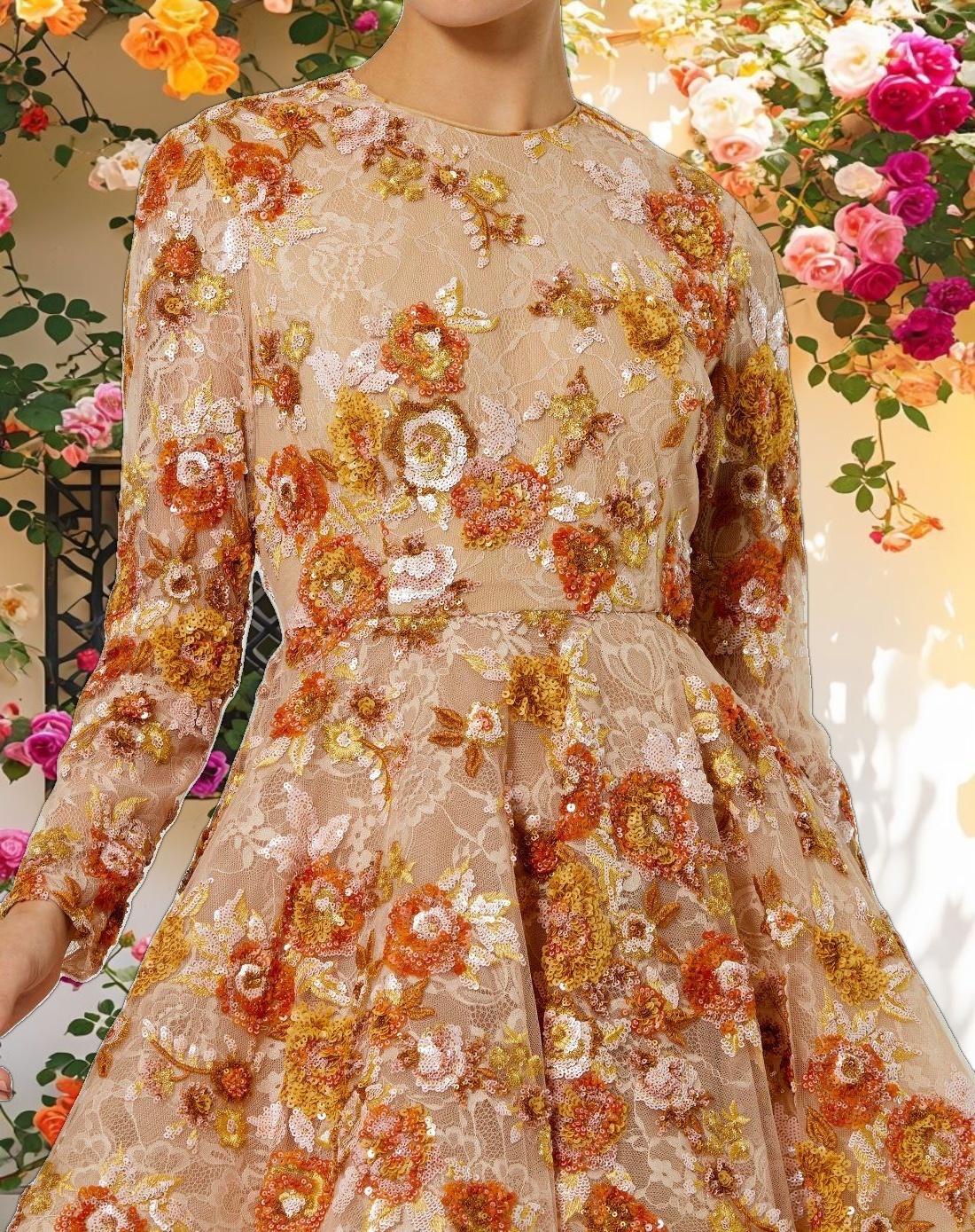 Beige High Neck Long Sleeve Sequin A Line Mini Dress