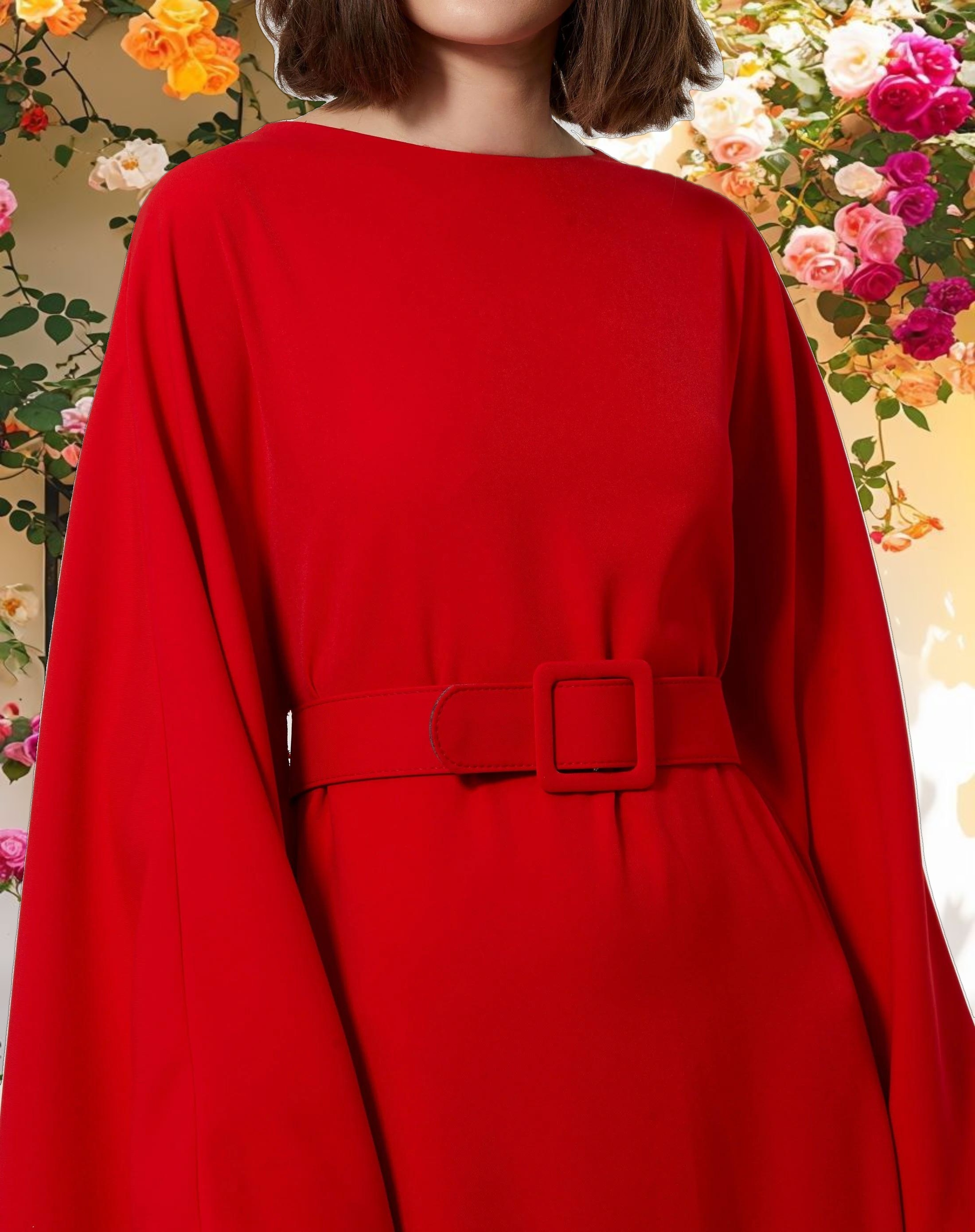 Red Crepe Boat Neck Caftan Maxi Dress With Belt