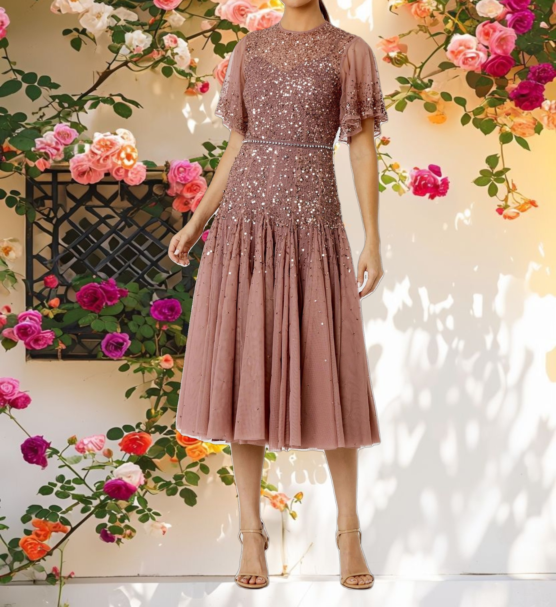 Pink Cape Sleeve Beaded Tea Length Drop Waist Dress