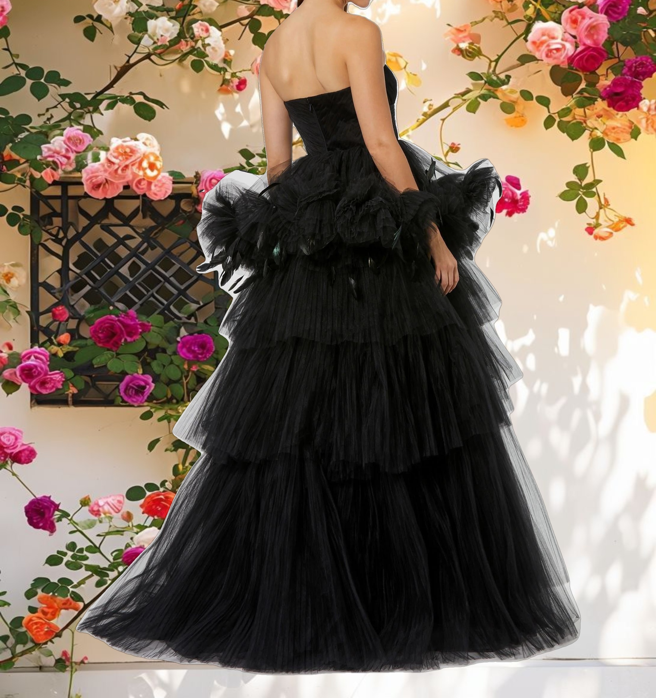 Black Strapless Tulle Gown with Feather Detail