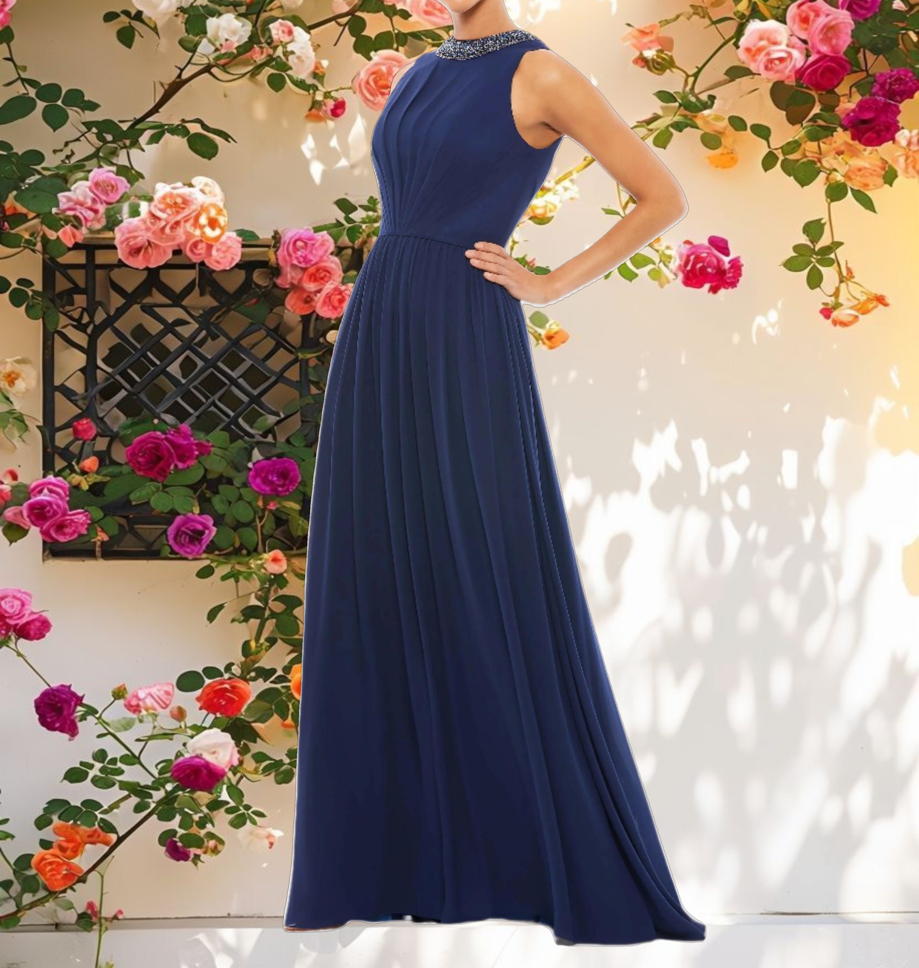 Bejeweled Neckline Pleated Chiffon Gown