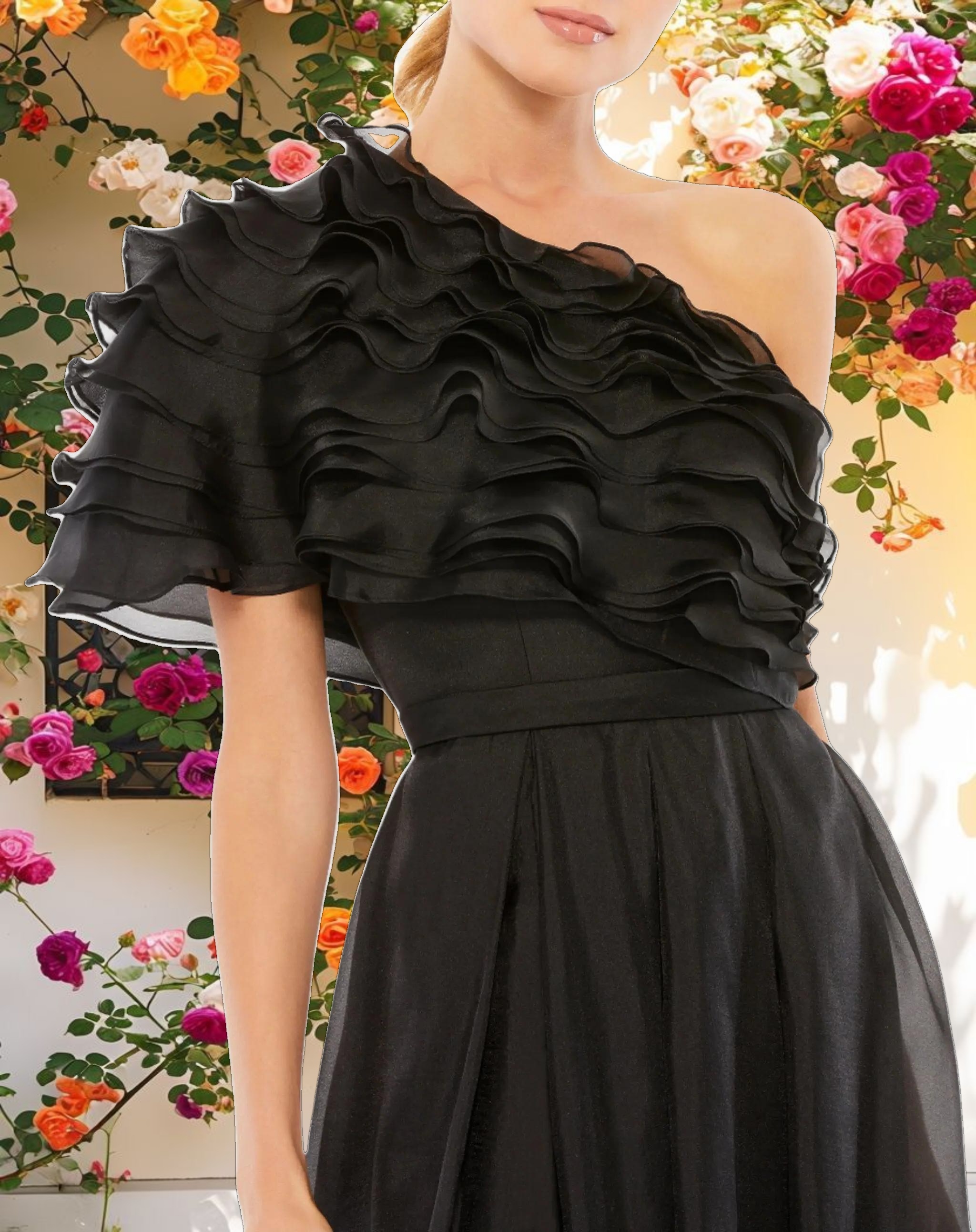 Ruffle Layered One Shoulder Gown