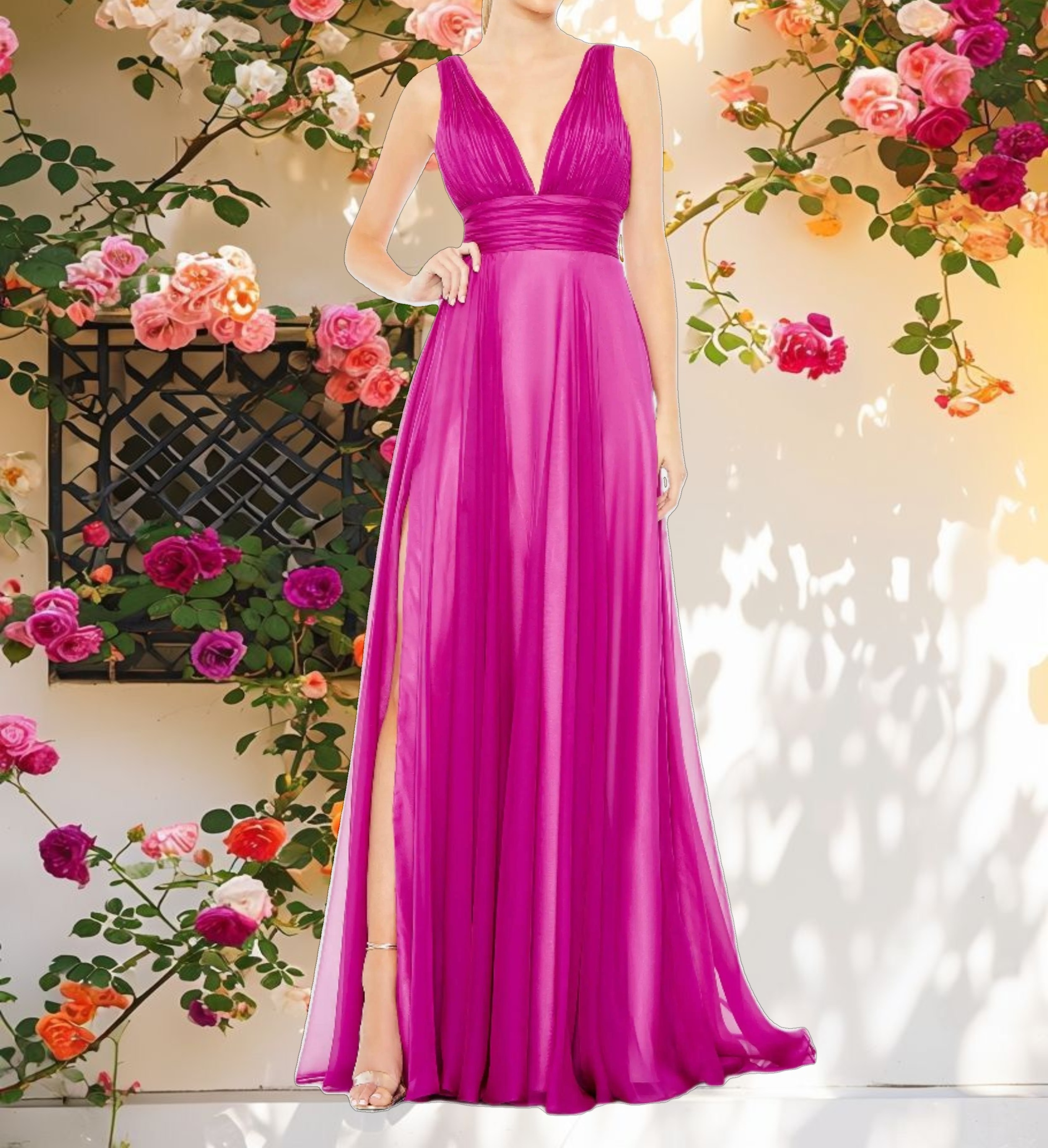 Purple Flowy V Neck Gown
