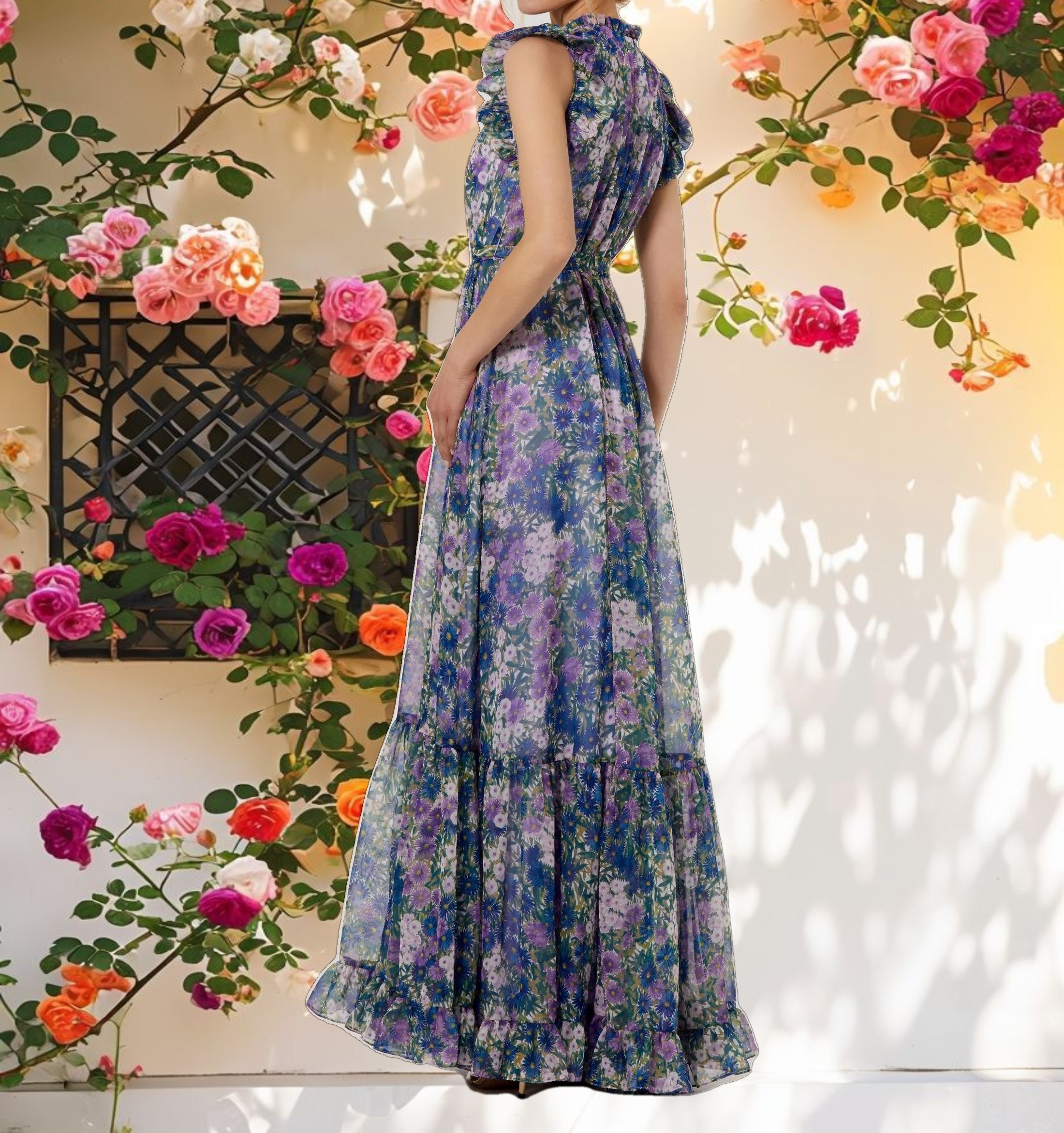 Floral Printed Chiffon Ruffle Sleeve Gown With Bow Belt