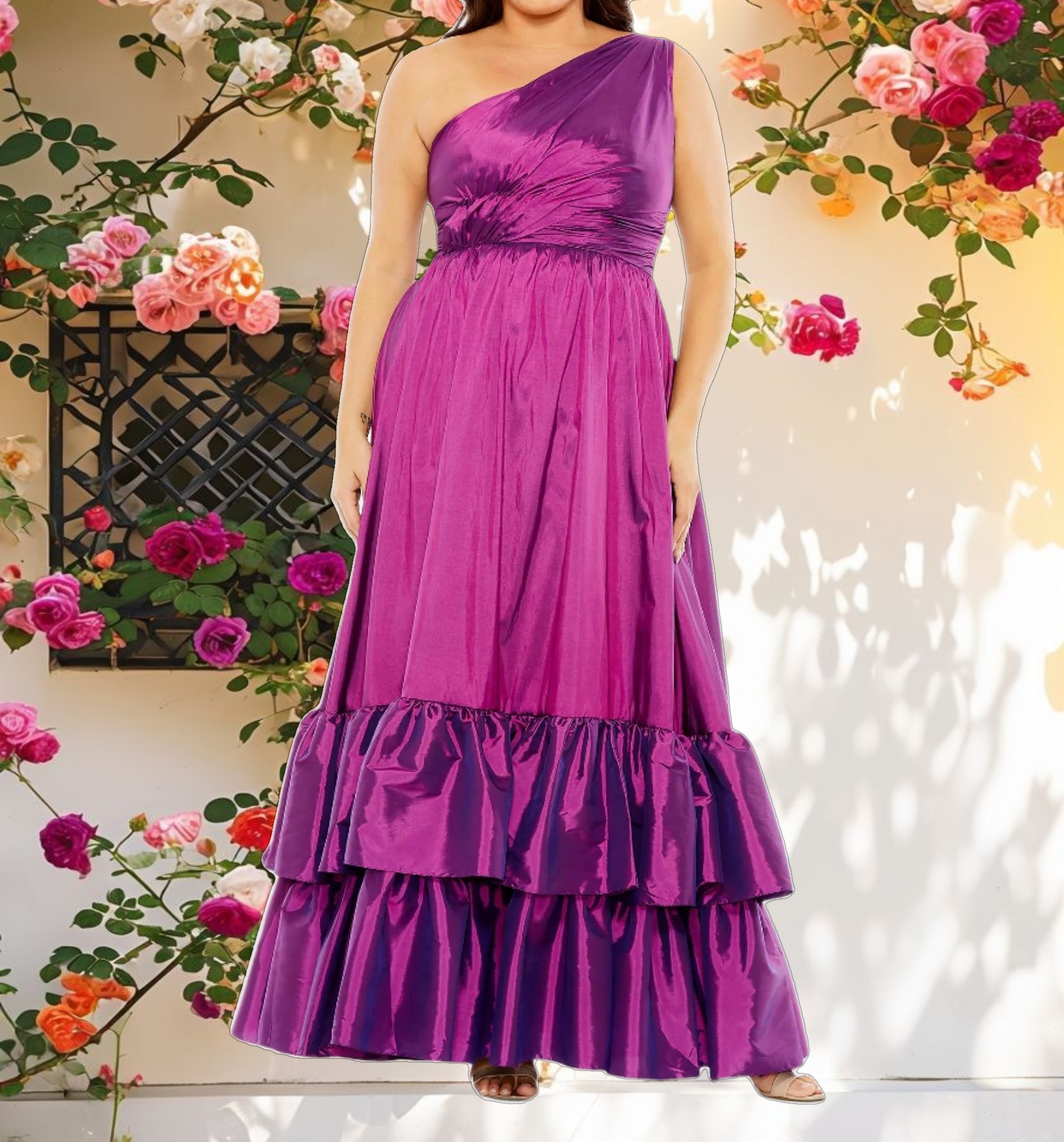 Purple One Shoulder Asymmetrical Ruffle Hem Gown
