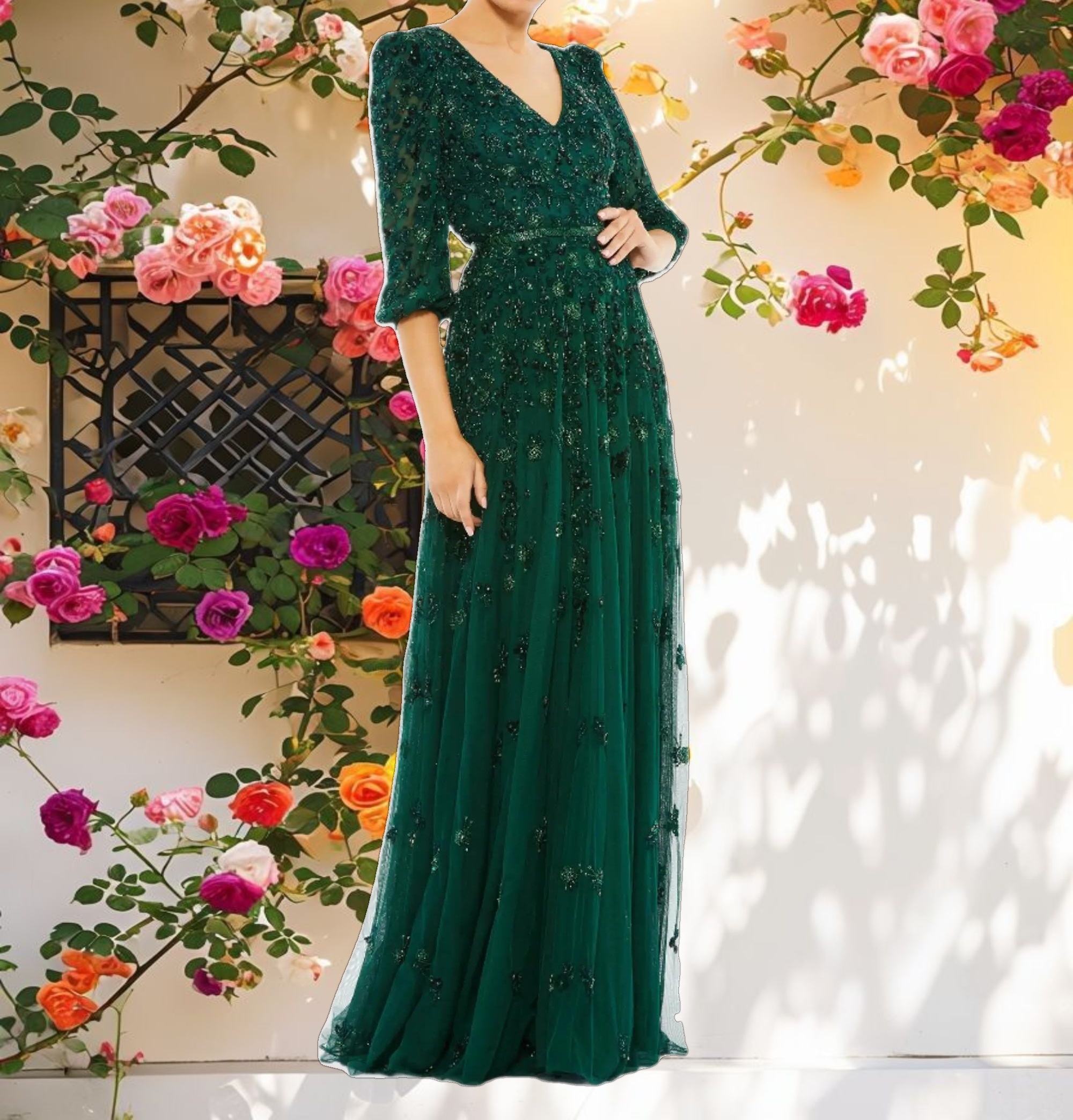 Green Embellished V Neck 3/4 Sleeve A Line Gown