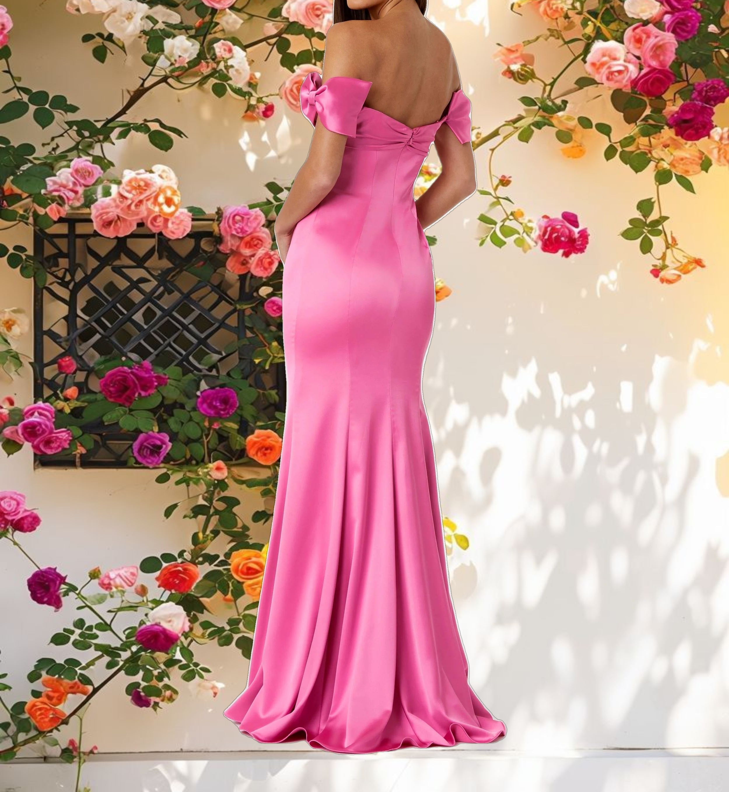 Pink Off-the-Shoulder Satin Trumpet Gown with Bows