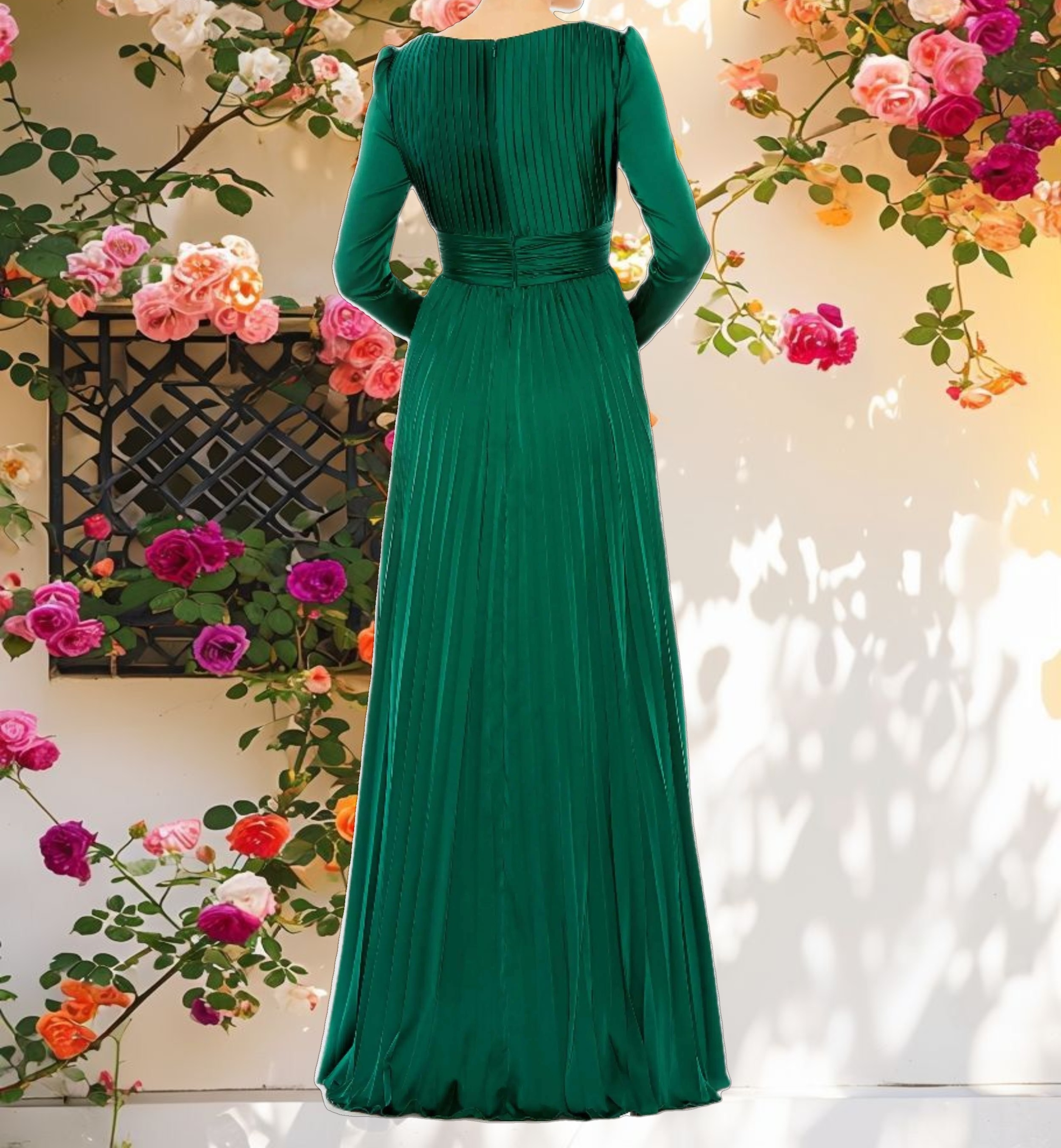 Green Pleated Long Sleeve V Neck Gown