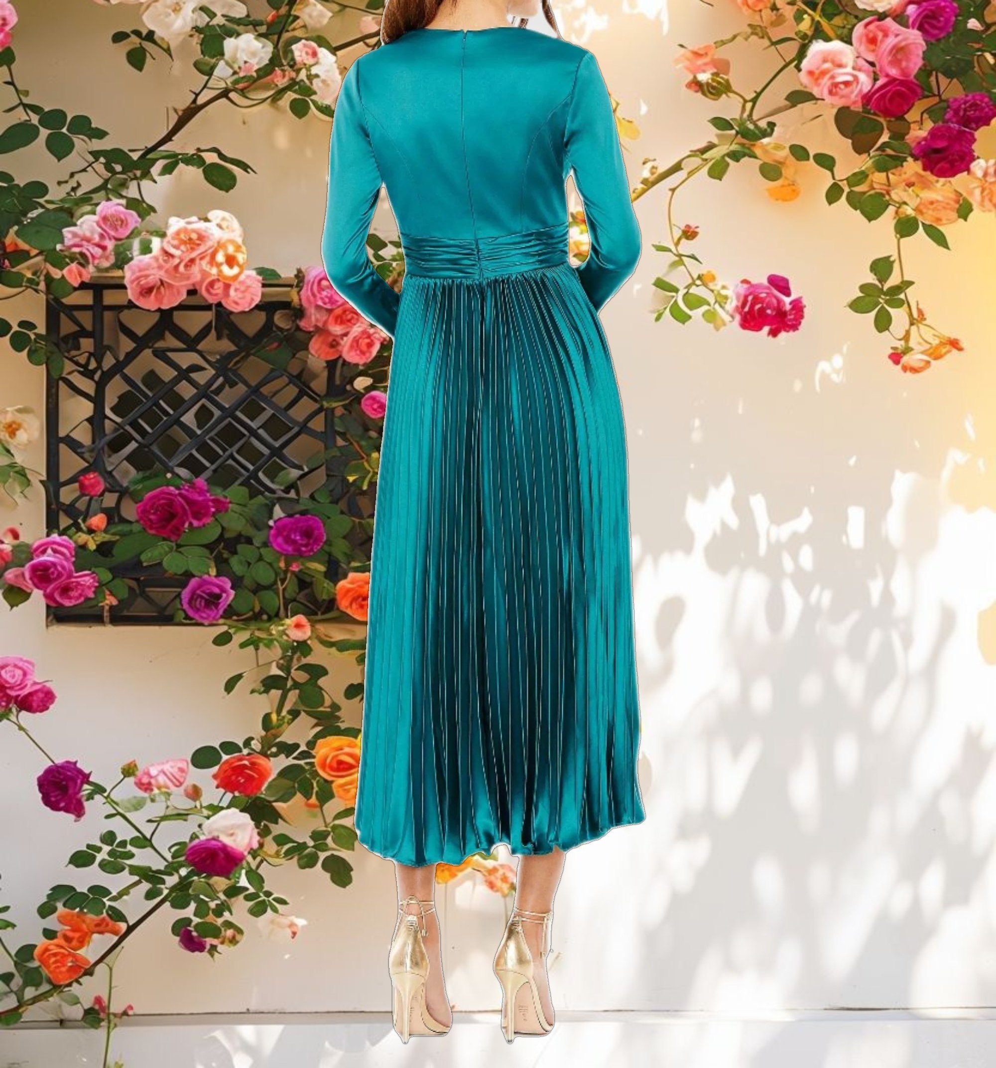 Blue Pleated Long Sleeve V Neck Dress
