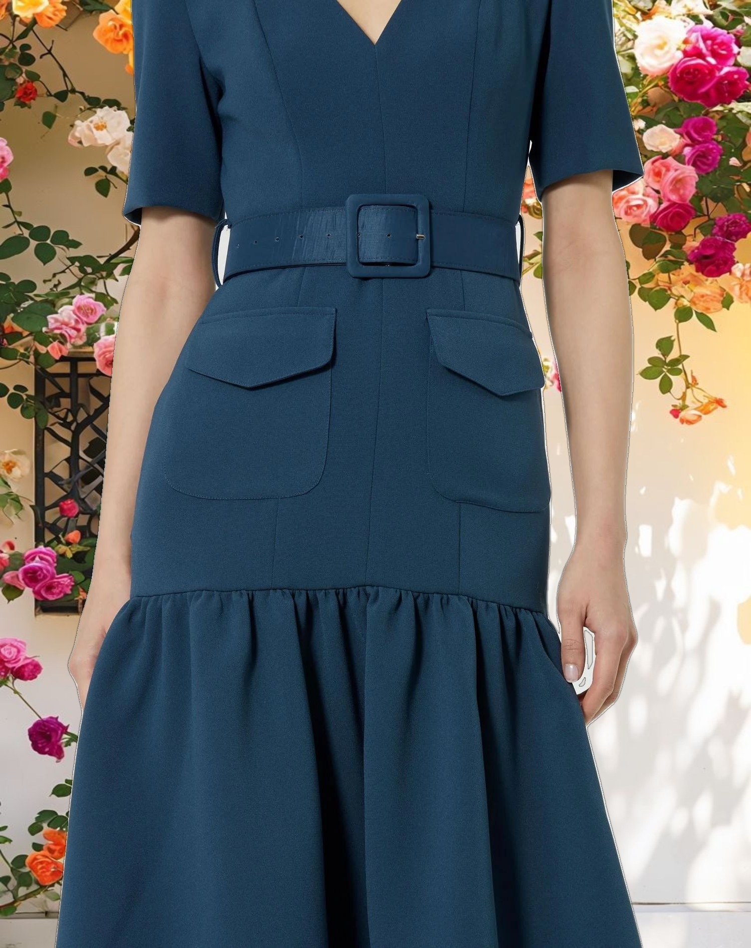 Blue Crepe Midi Dress With Belt And Pockets