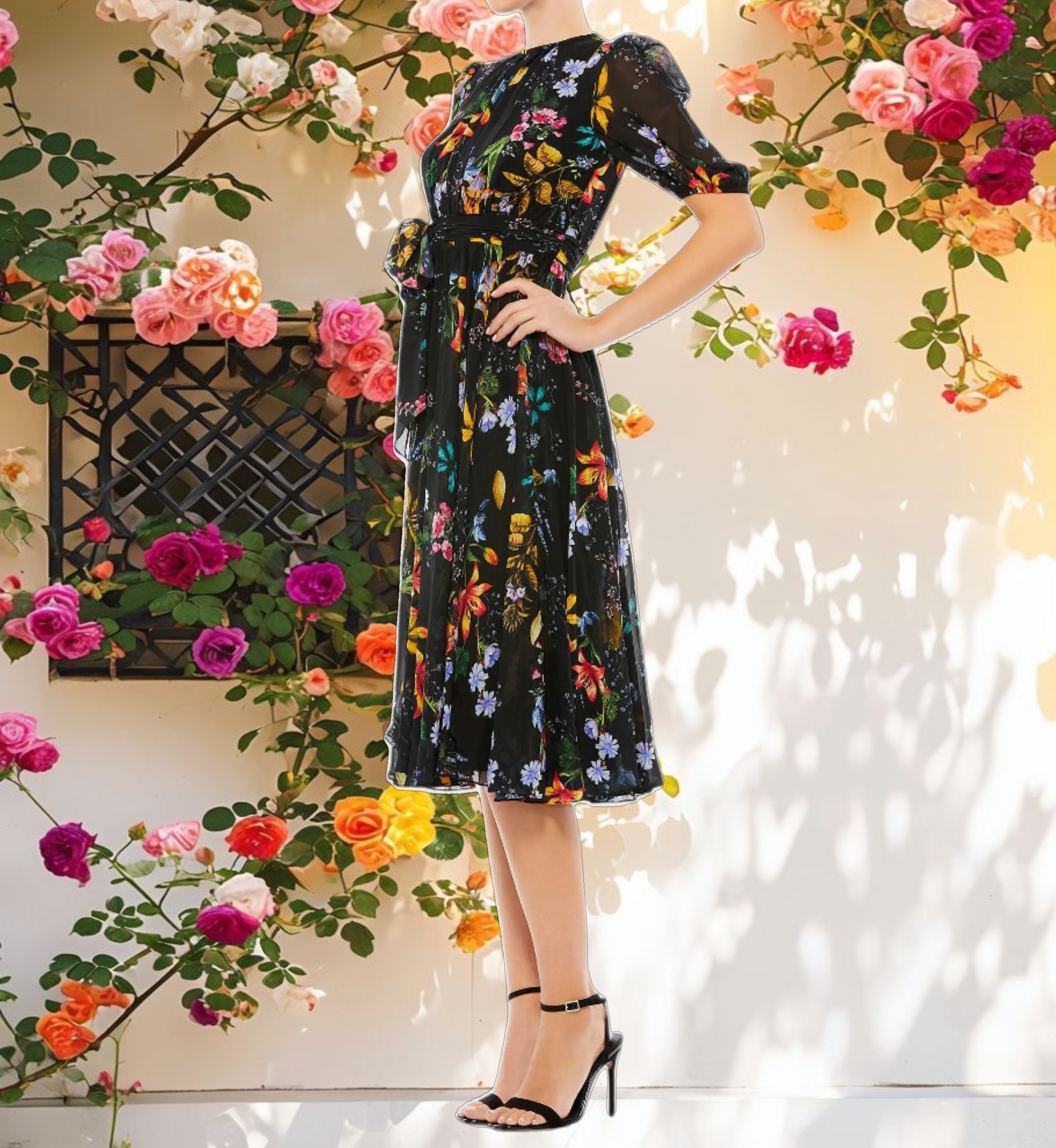 Floral Print High Neck Belted Midi Dress