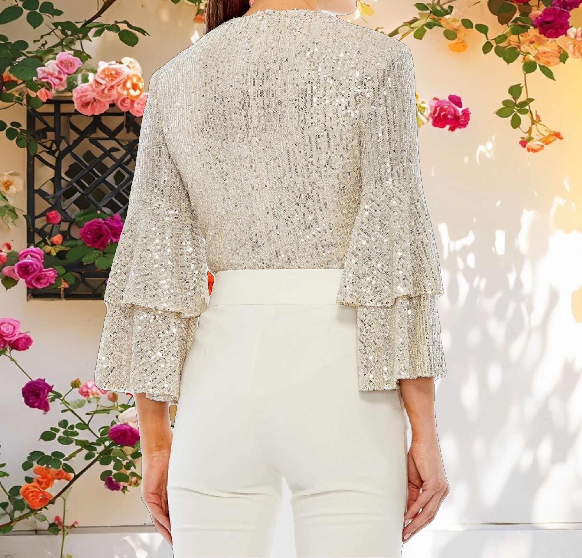 Silver Ruffle 3/4 Sleeve Sequin Bodysuit