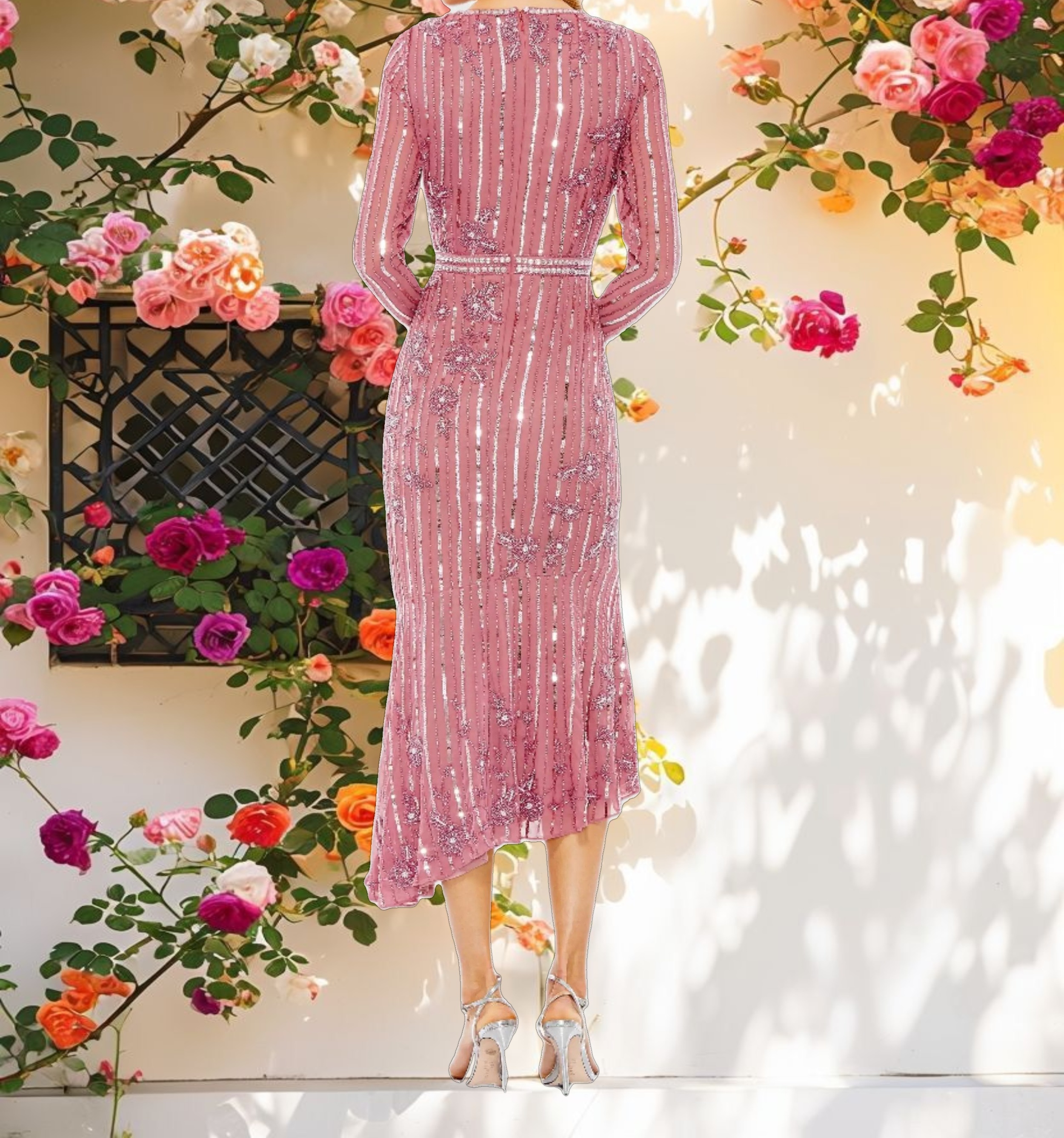 Pink Long Sleeve Decorated Tea Length Dress