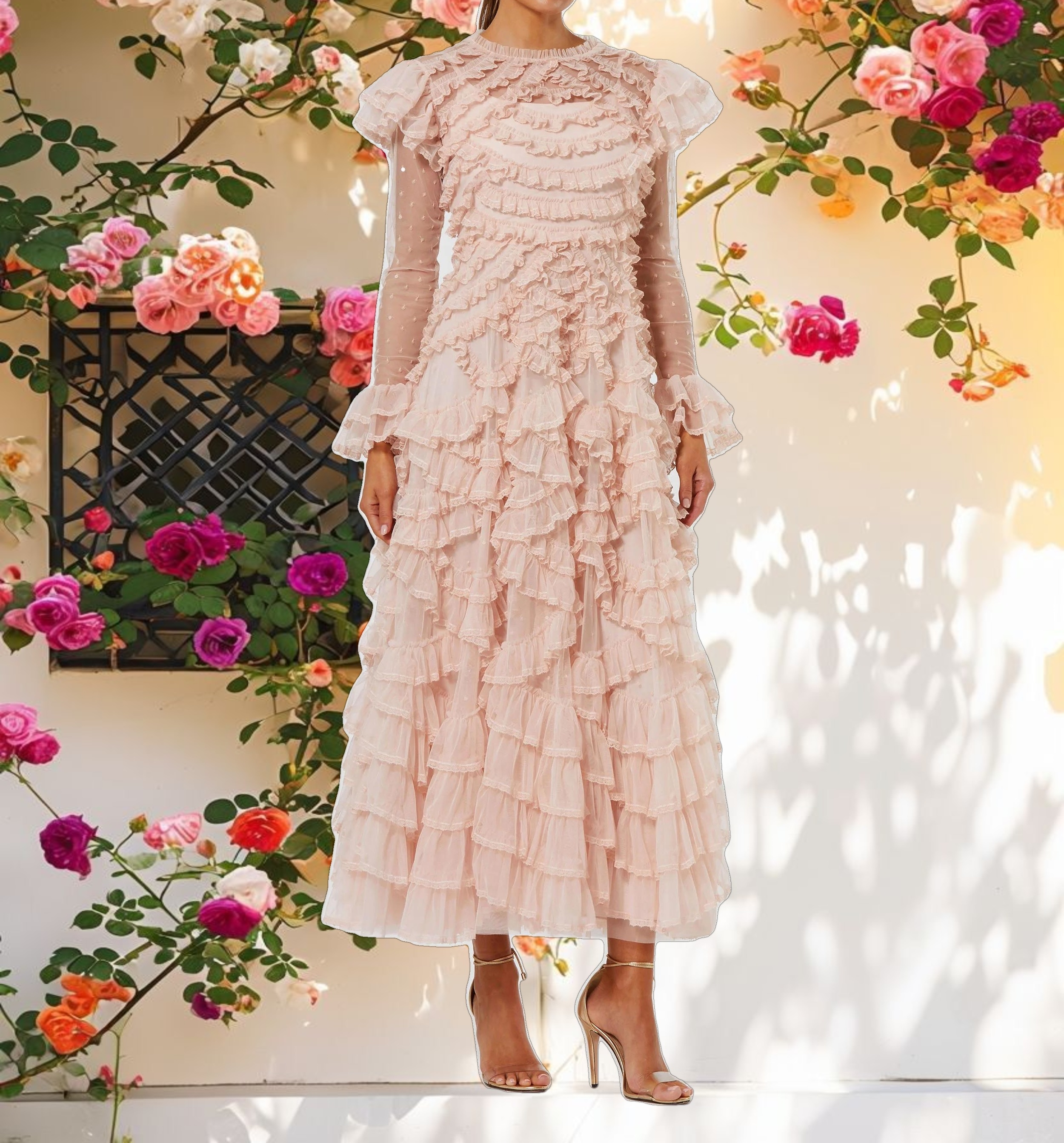 Fluffy Tiered Ruffle Trim Long Sleeve Midi Dress
