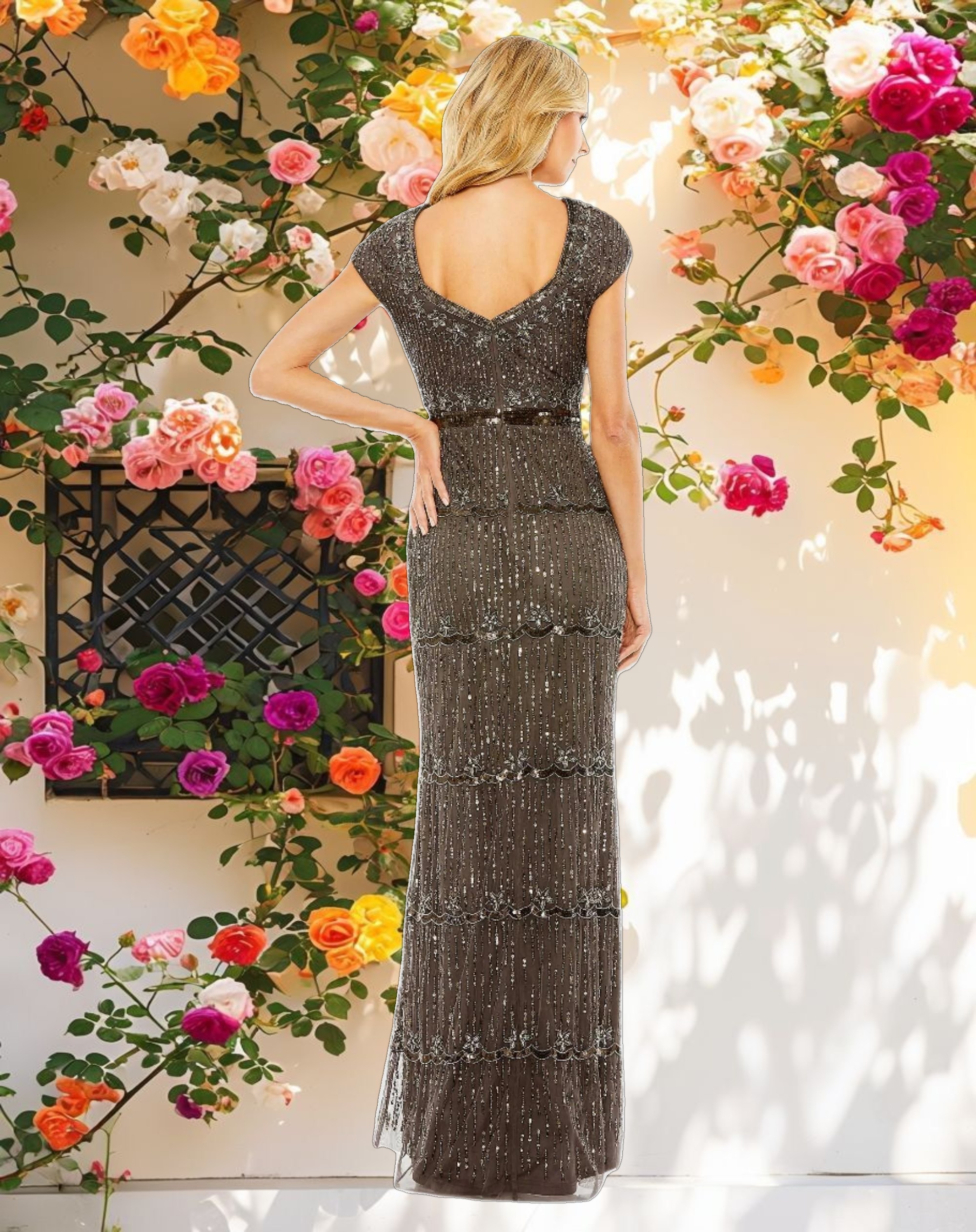 Gray Cap Sleeve Sweetheart Neckline Beaded Sequin Column Gown