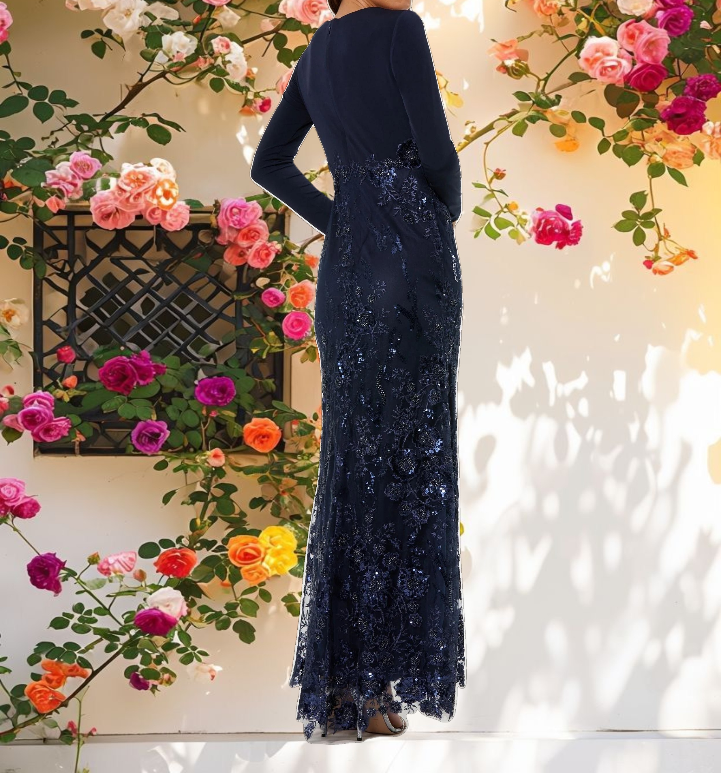 Blue Decorated Long Sleeve Wrap Over Trumpet Dress