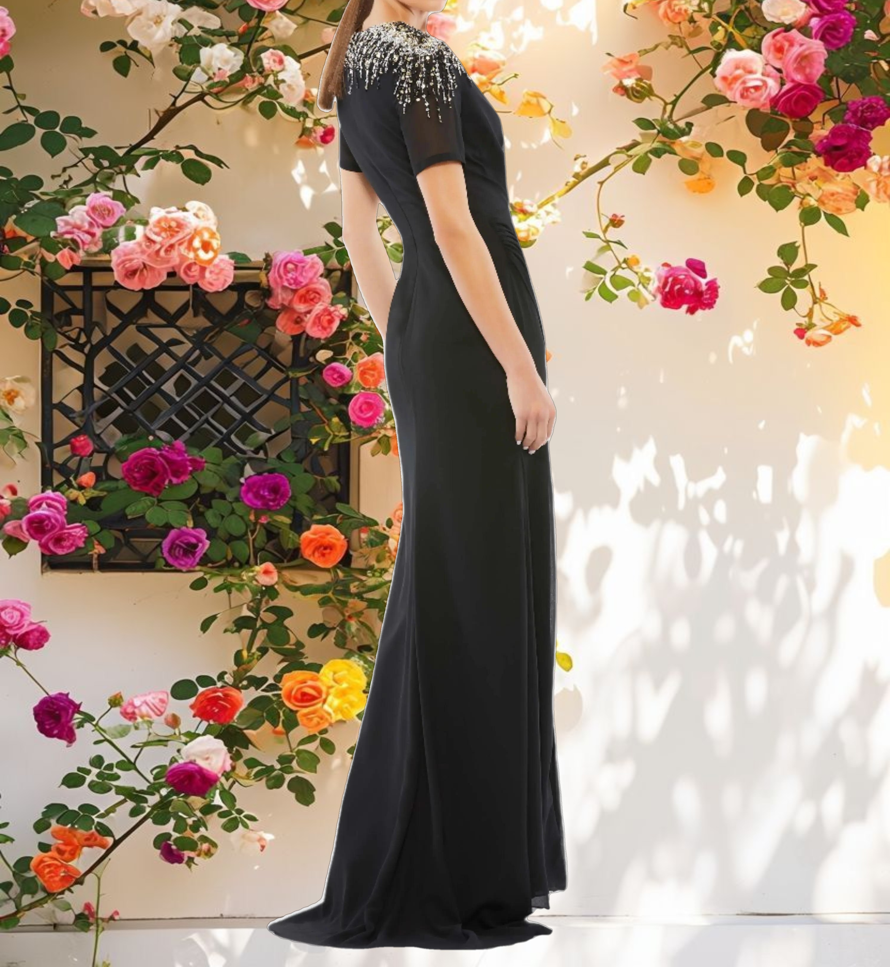 Black Sequin Embellished Shoulder Evening Gown