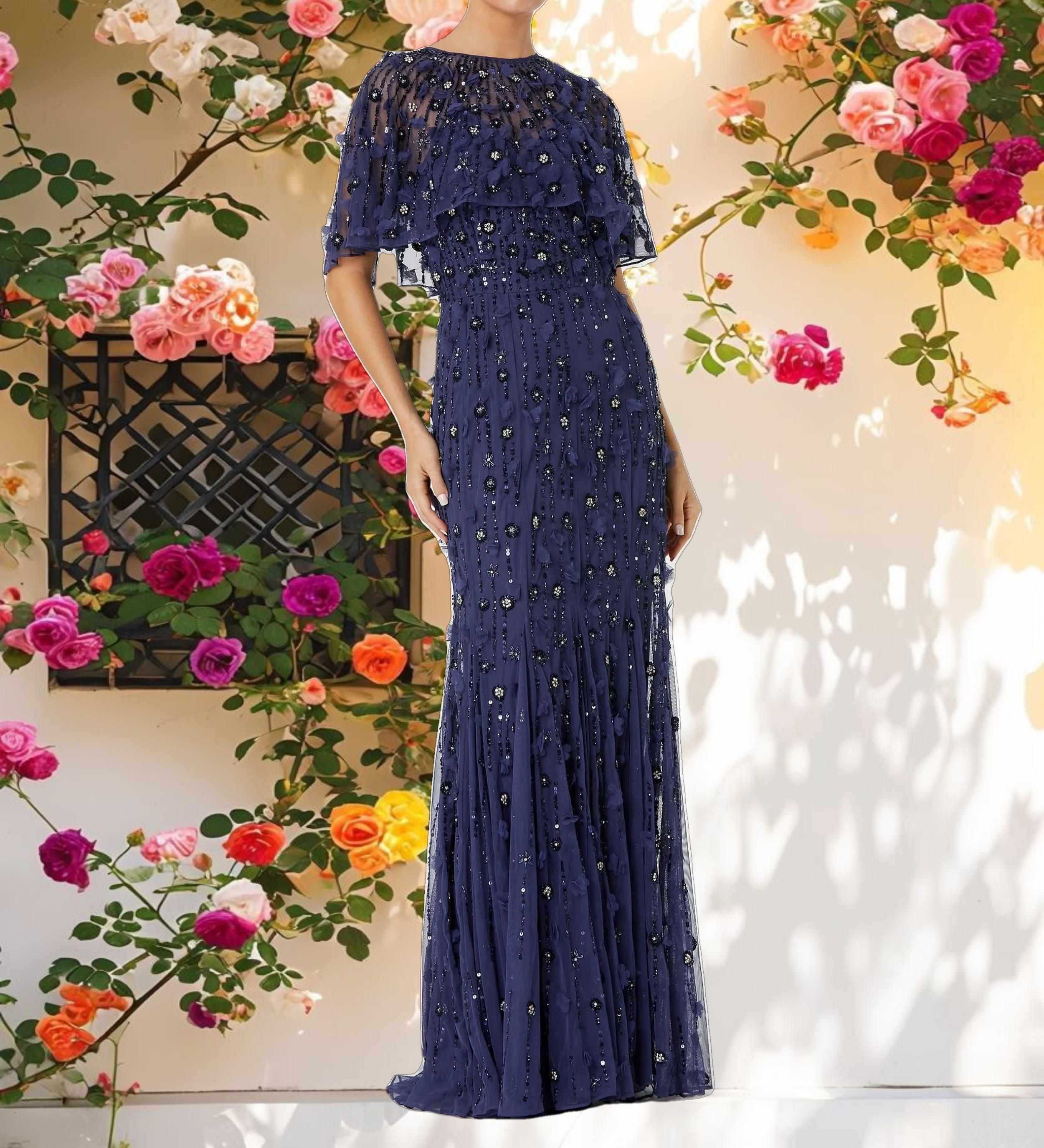 Embellished Illusion Cape Sleeve Trumpet Gown