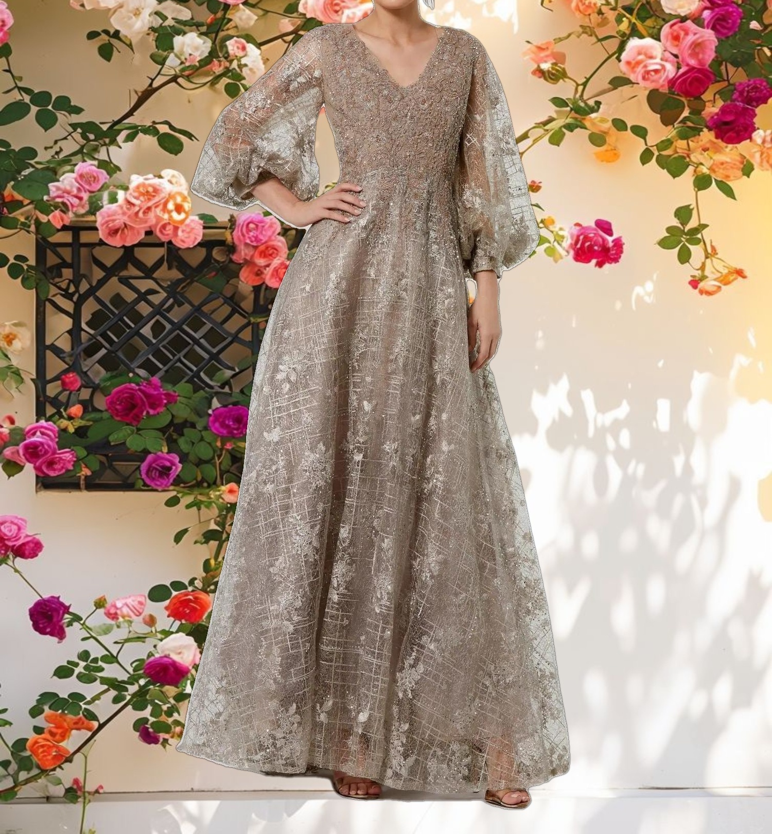 Beige Embellished Plunge Neck Puff Sleeve A Line Gown