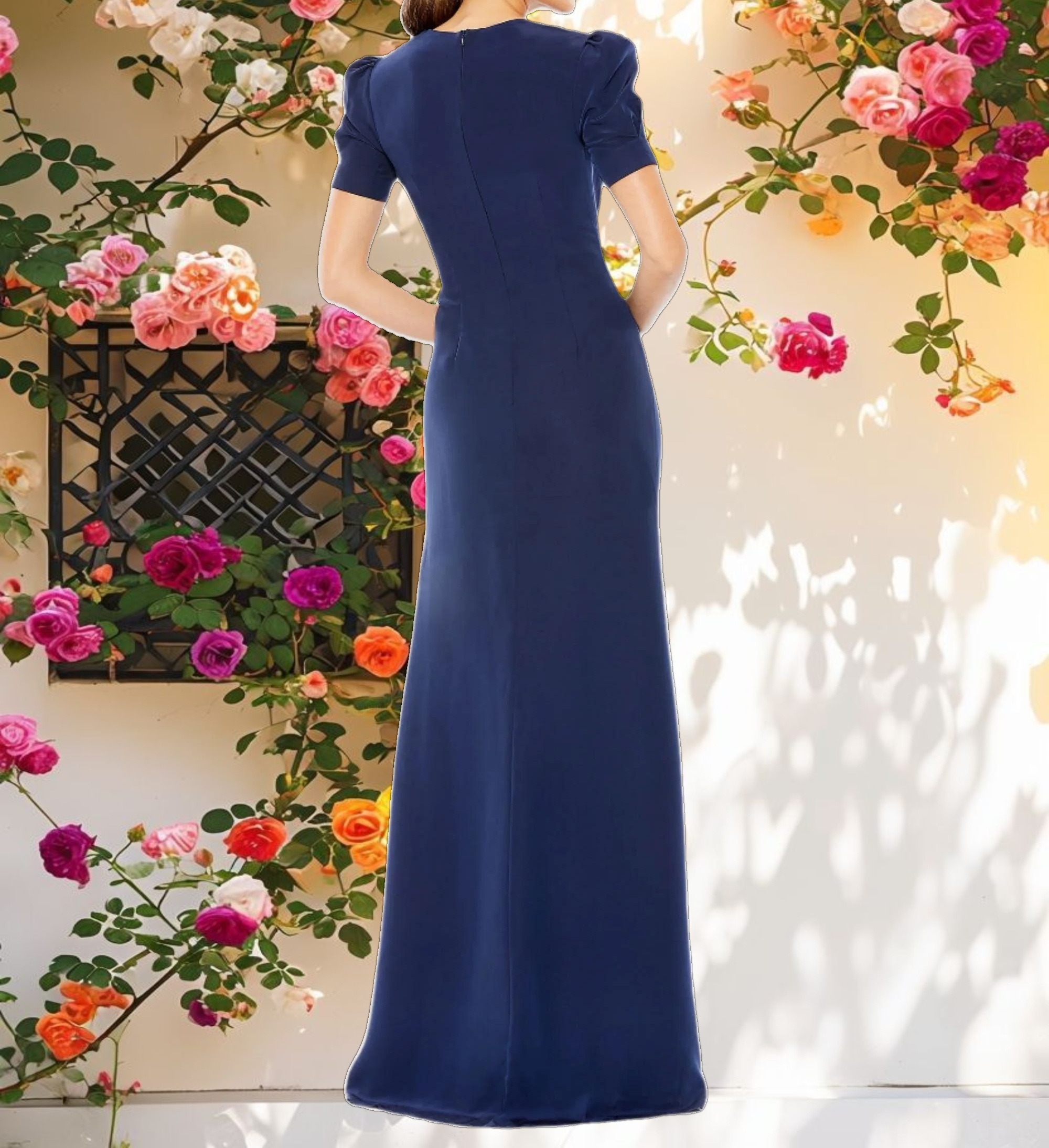 Navy Plunge Neck Puff Sleeve Cut Out Gown