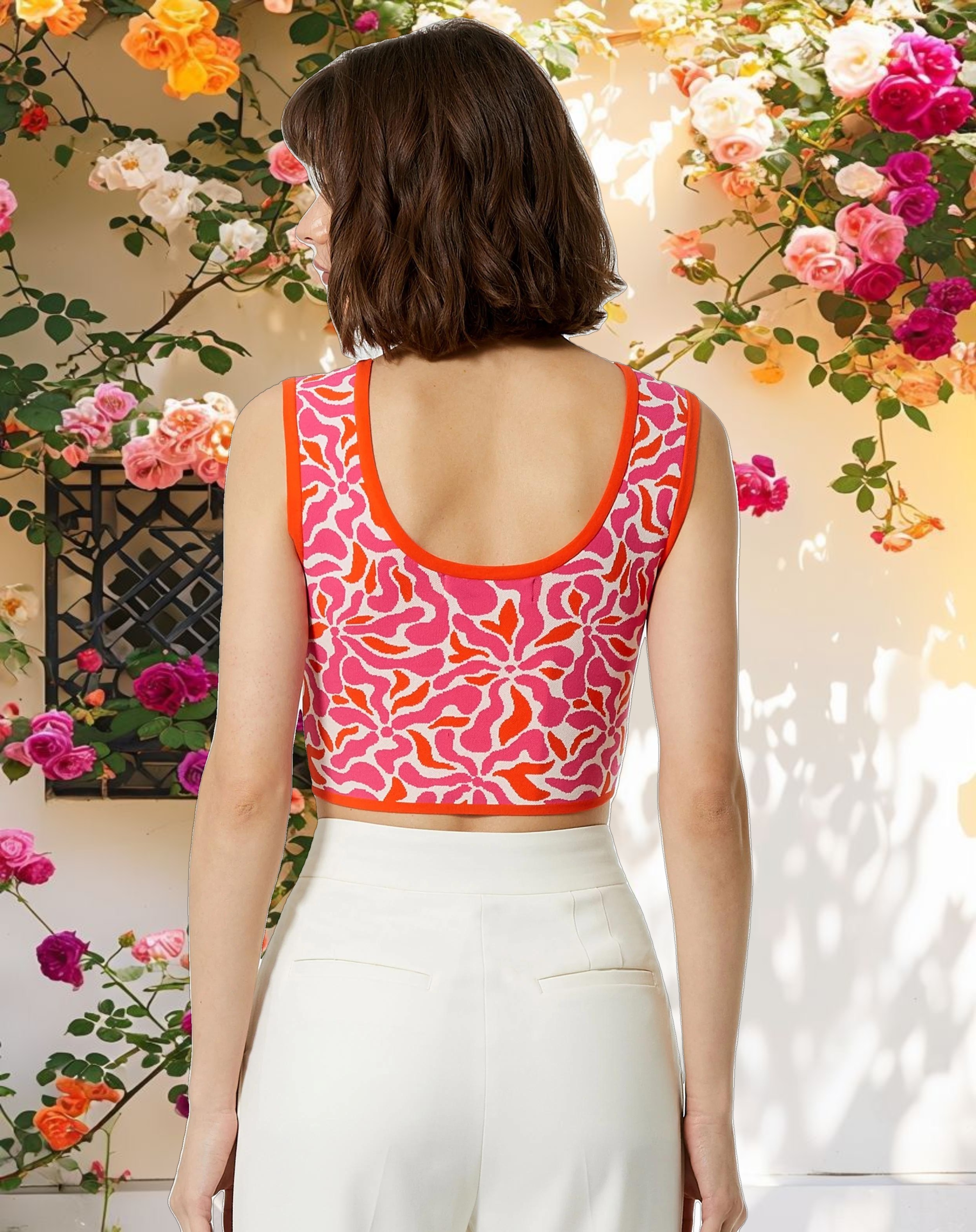 Sleeveless Floral Knit Cropped Tank Top