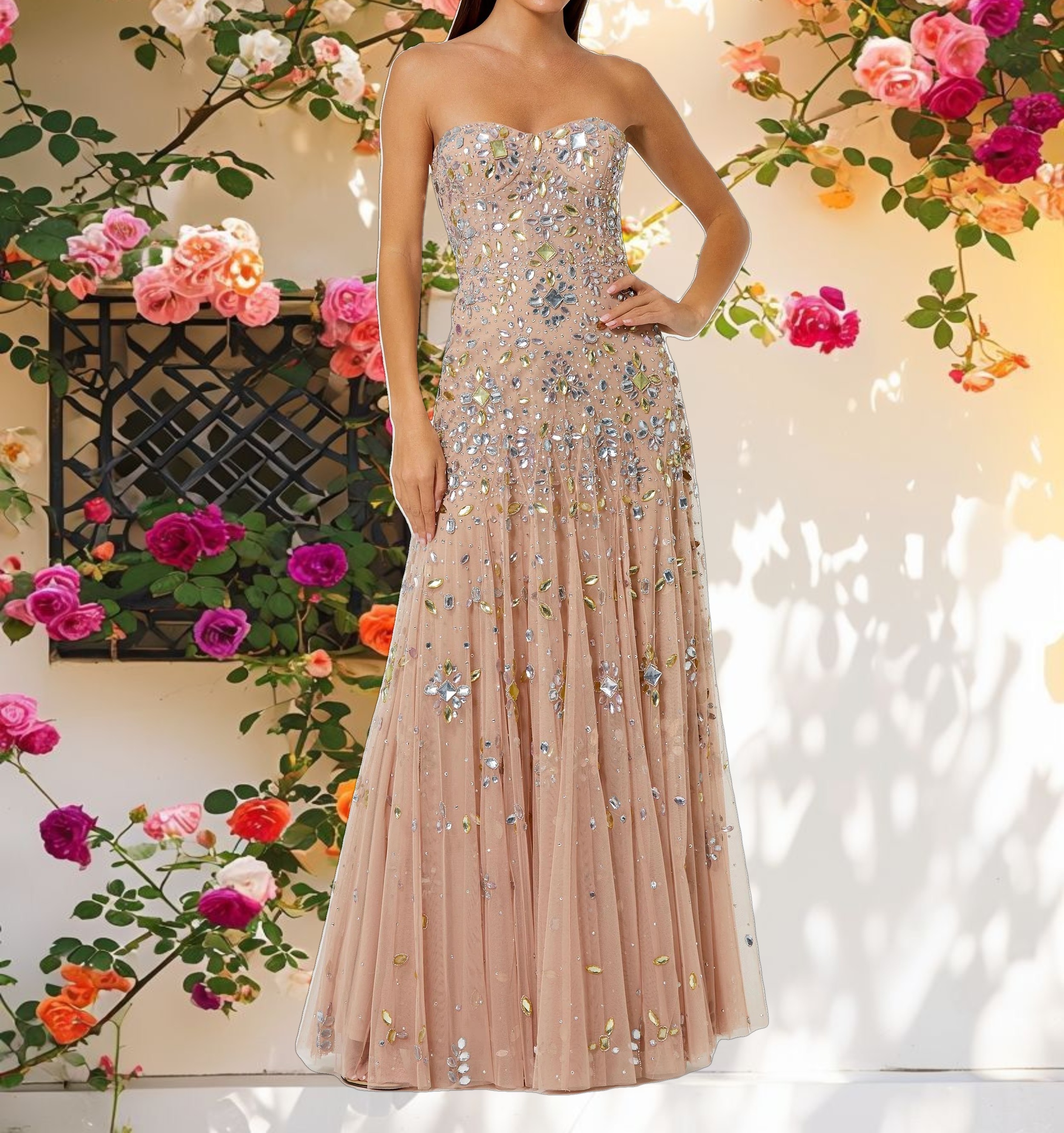 Pink Strapless Sweetheart Embellished Net Gown