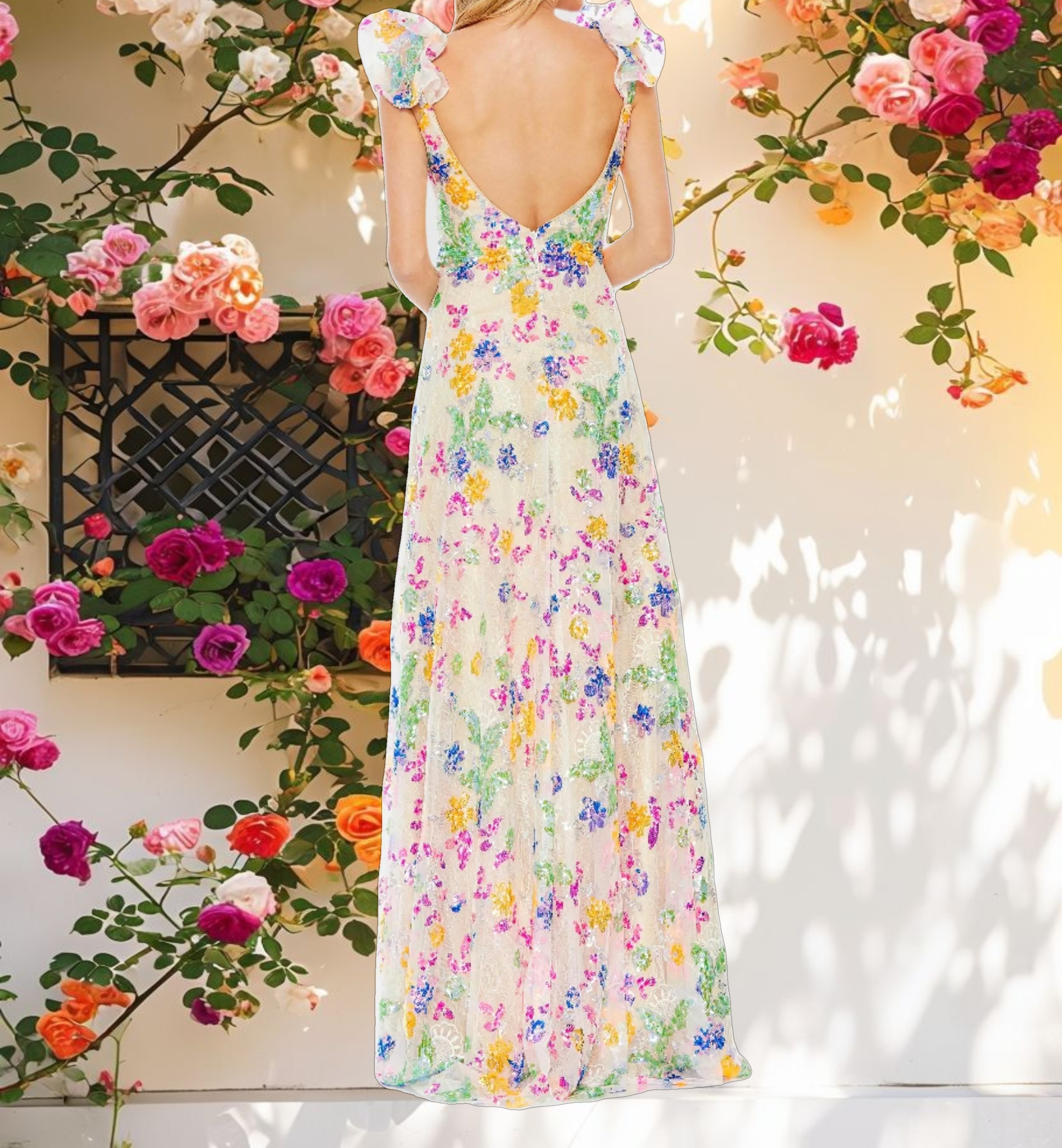 Floral Sequin Embellished Ruffle Sleeve Gown