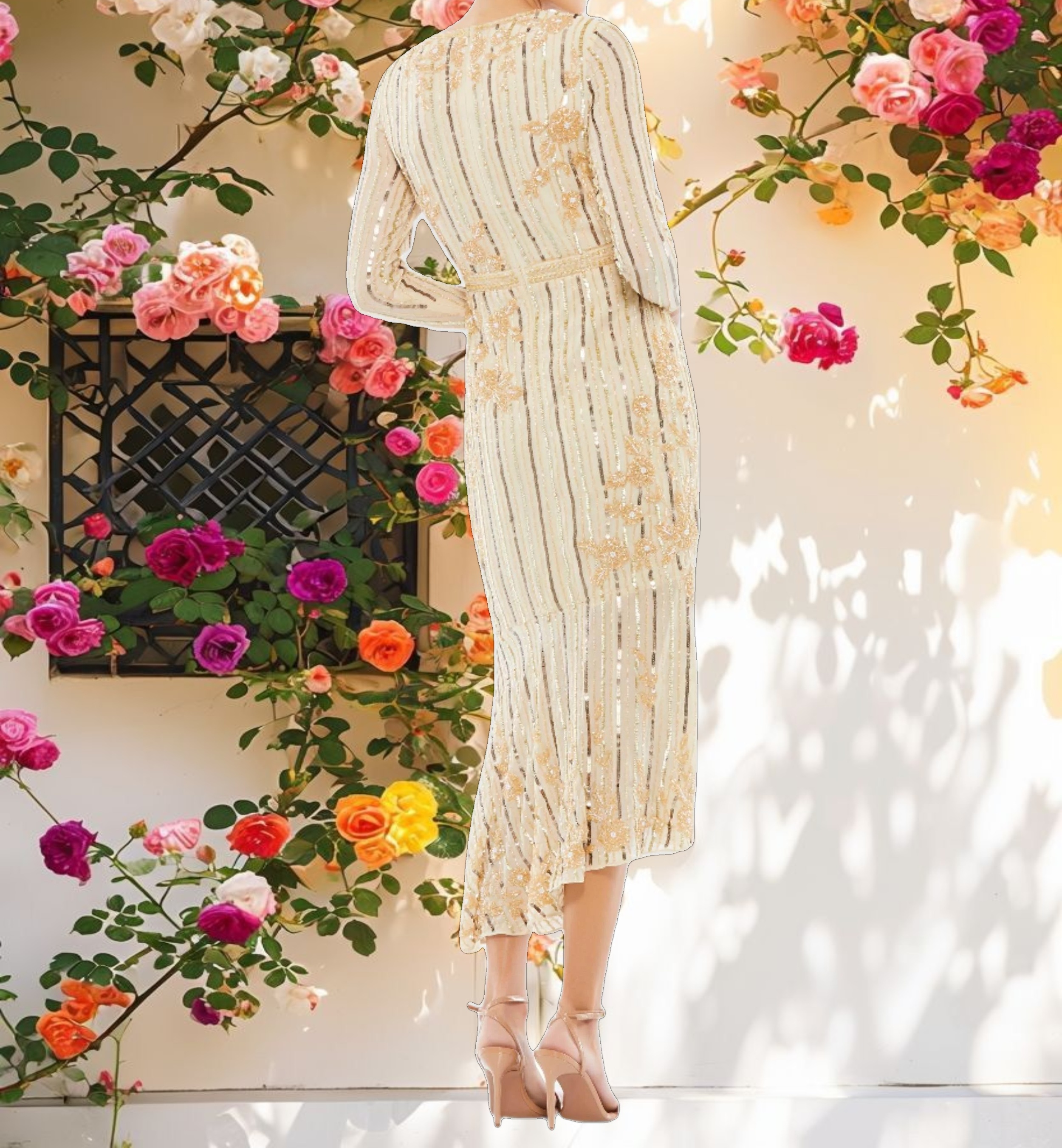 Golden Long Sleeve Decorated Tea Length Dress