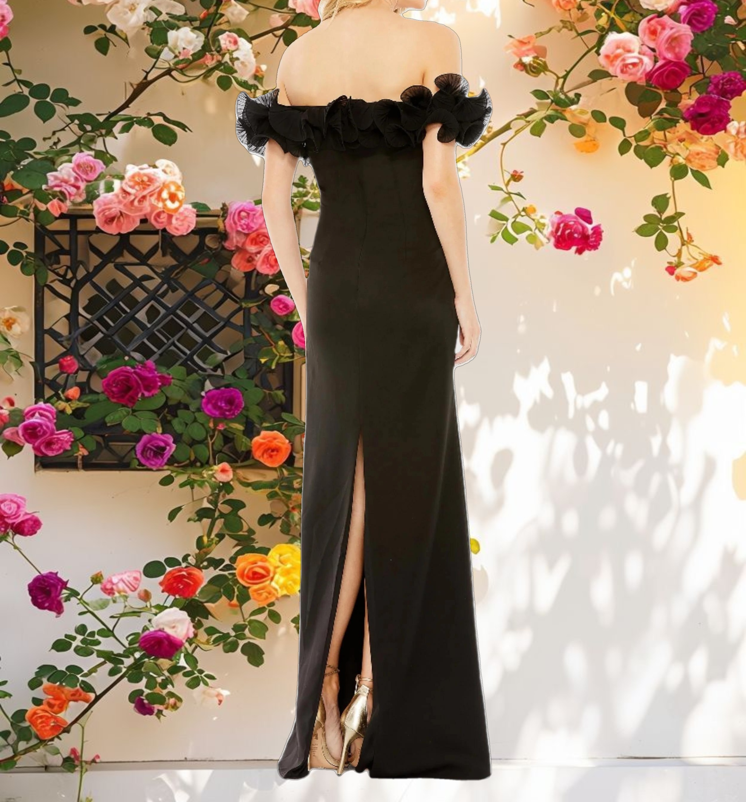 Black Off the Shoulder Ruffle Detail Column Gown