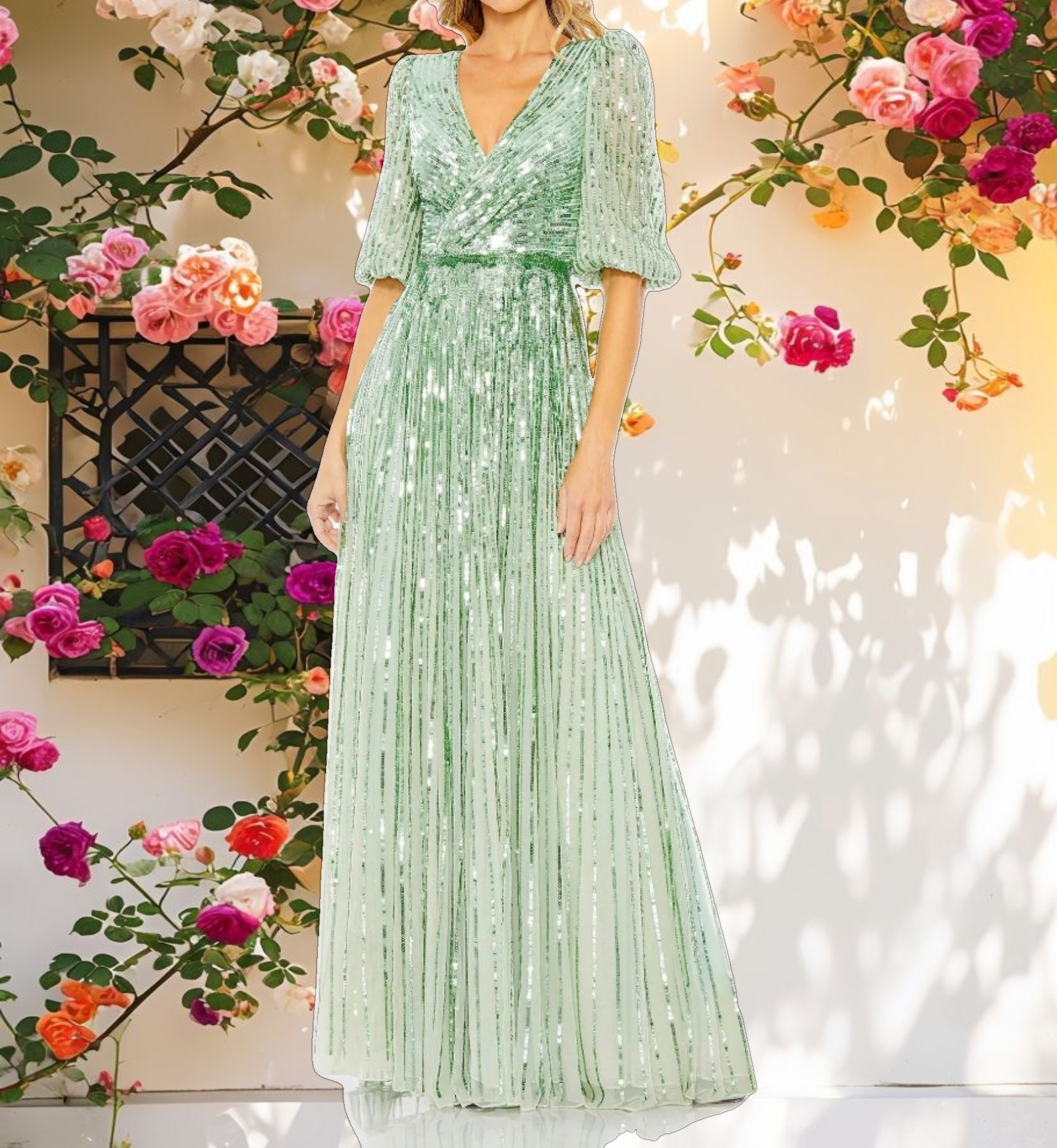 Green Sequined Wrap Over 3/4 Sleeve Gown