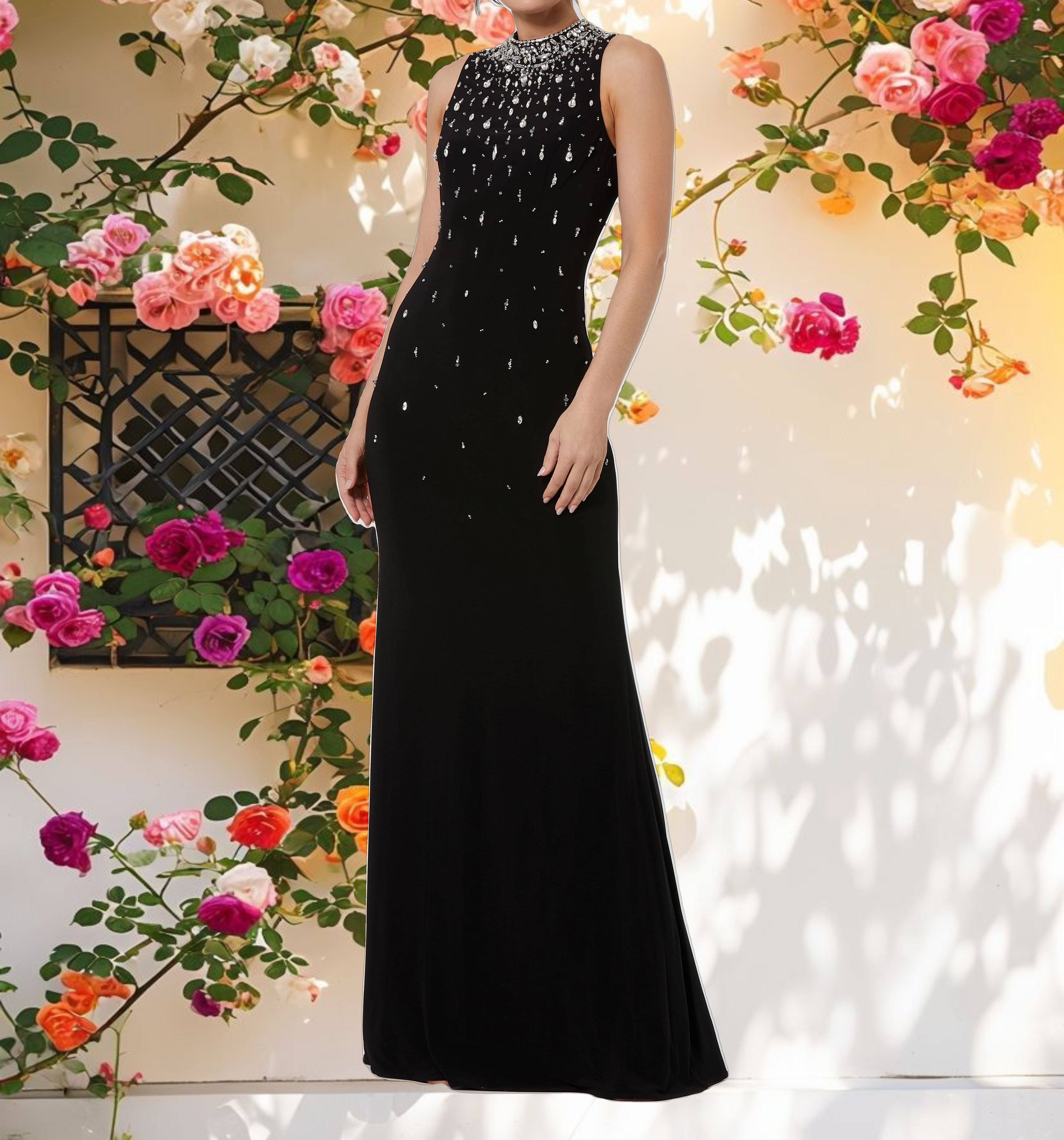 Black High Neck Sleeveless Beaded Jersey Fitted Gown