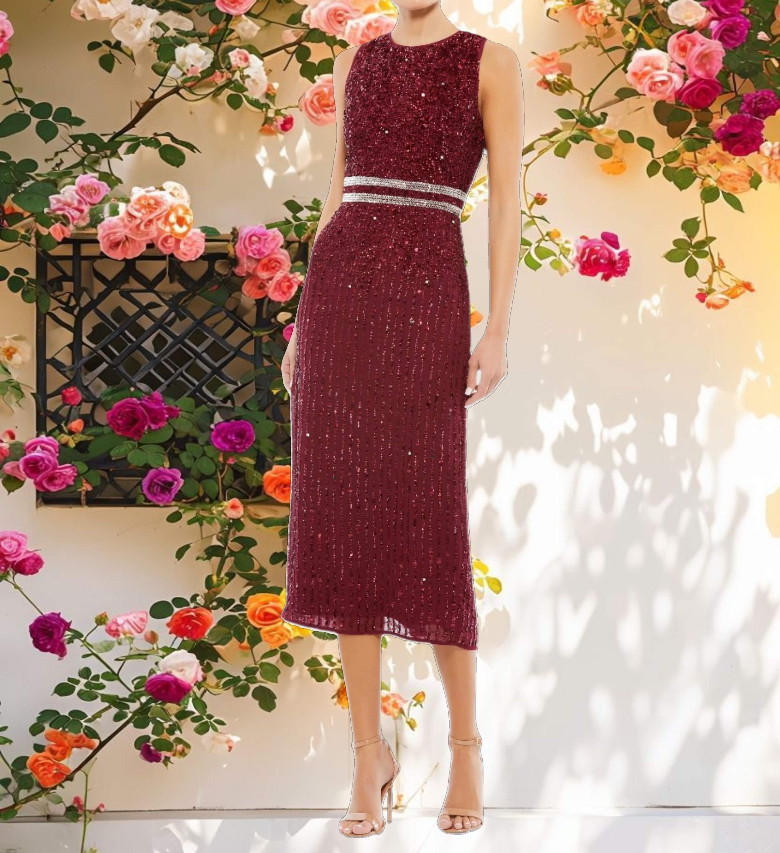 Sleeveless High Neck Beaded Midi Sheath Dress