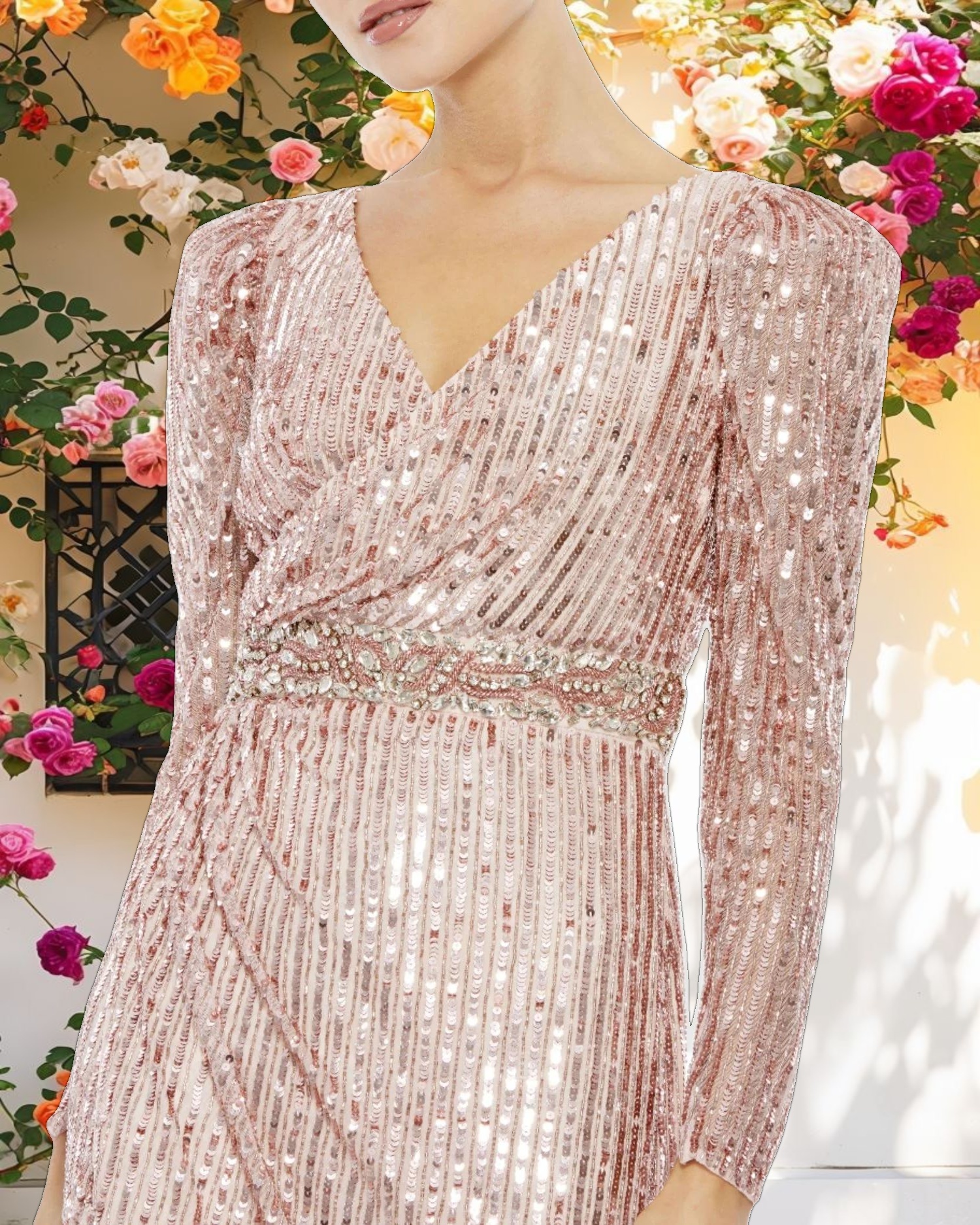 Pink Sequin Puff Sleeve Surplice Gown