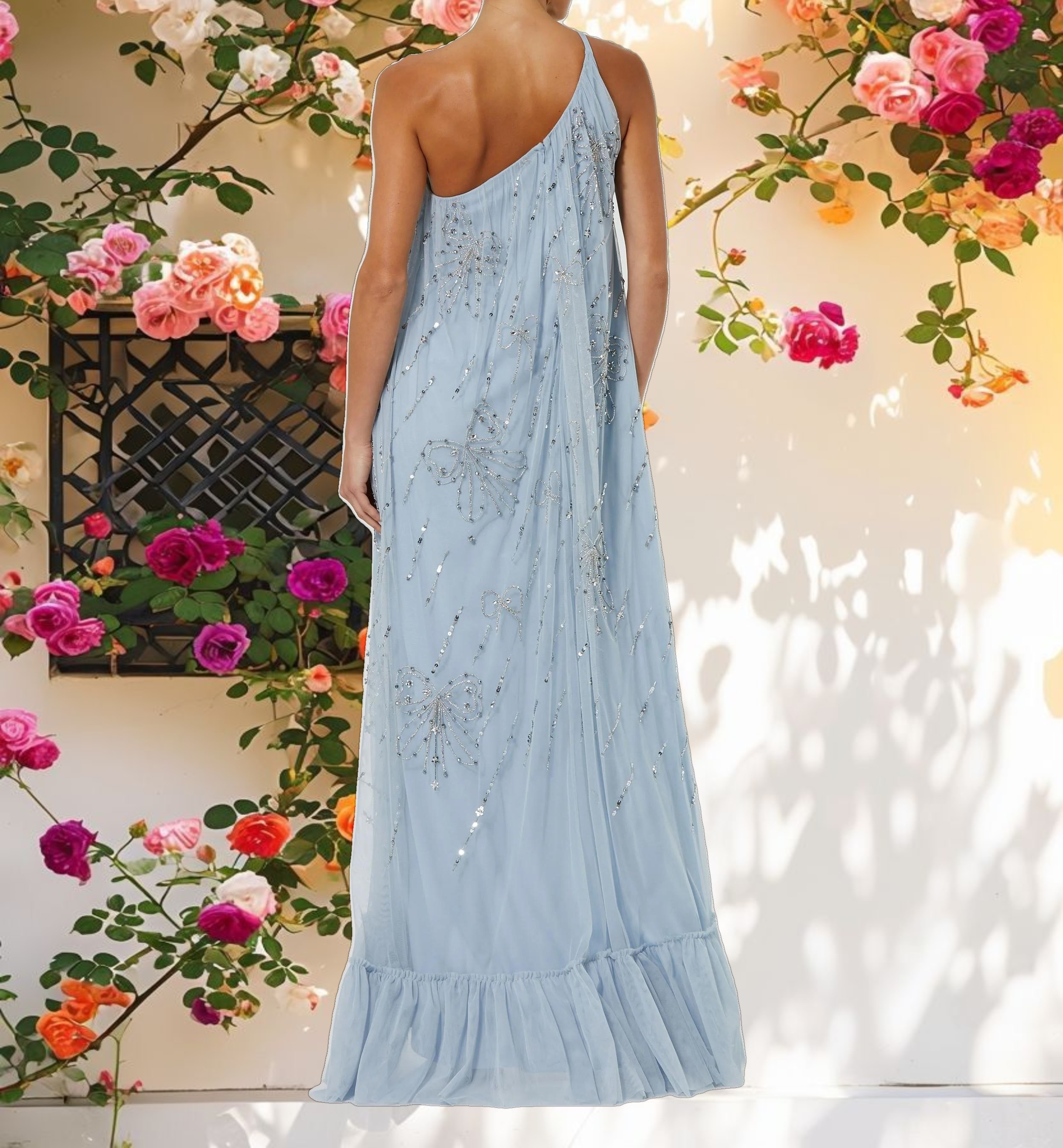 Blue Bow Embellished Mesh One Shoulder High Low Gown