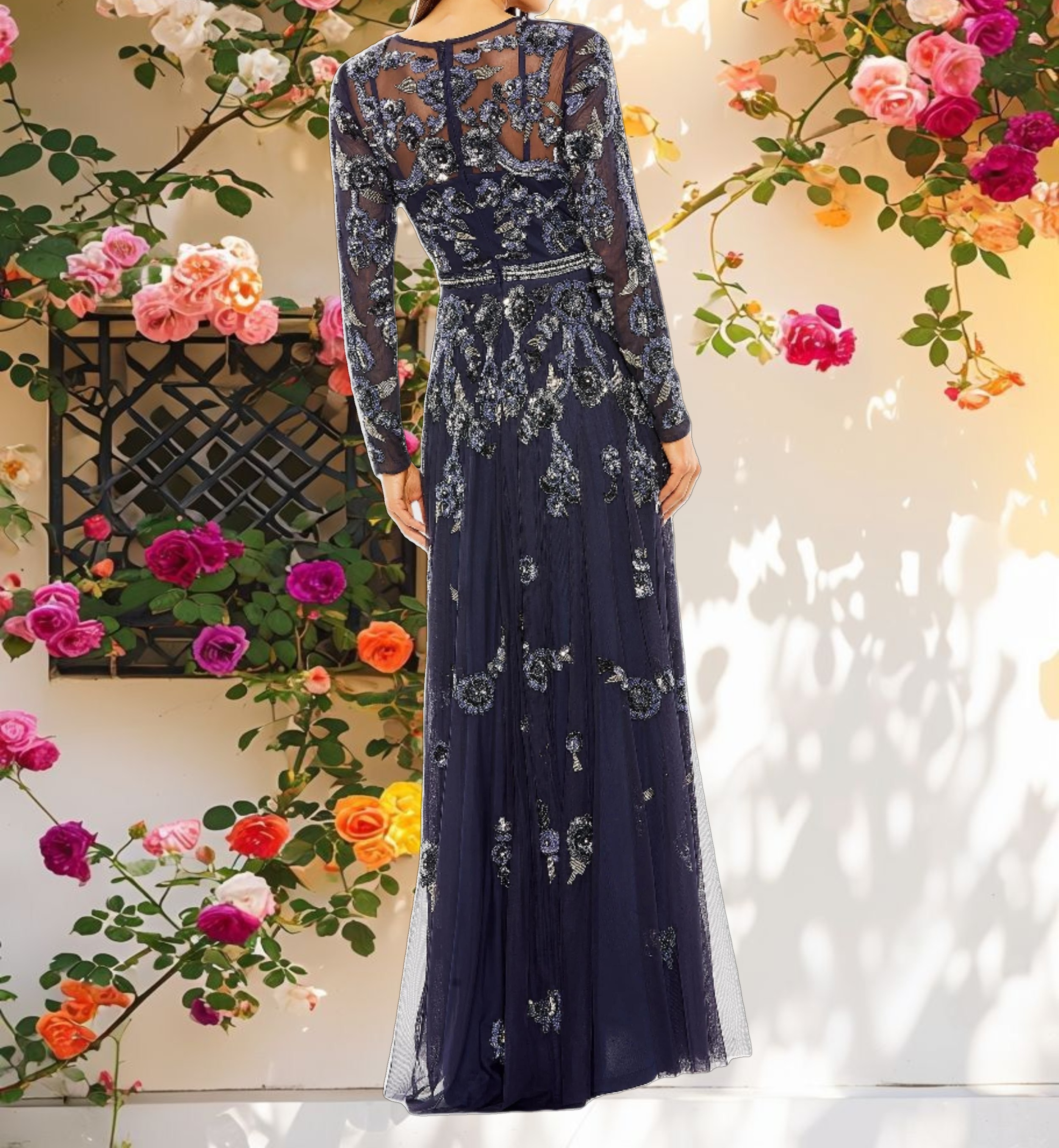 Long Sleeve High Neck Floral Beaded A Line Mesh Gown